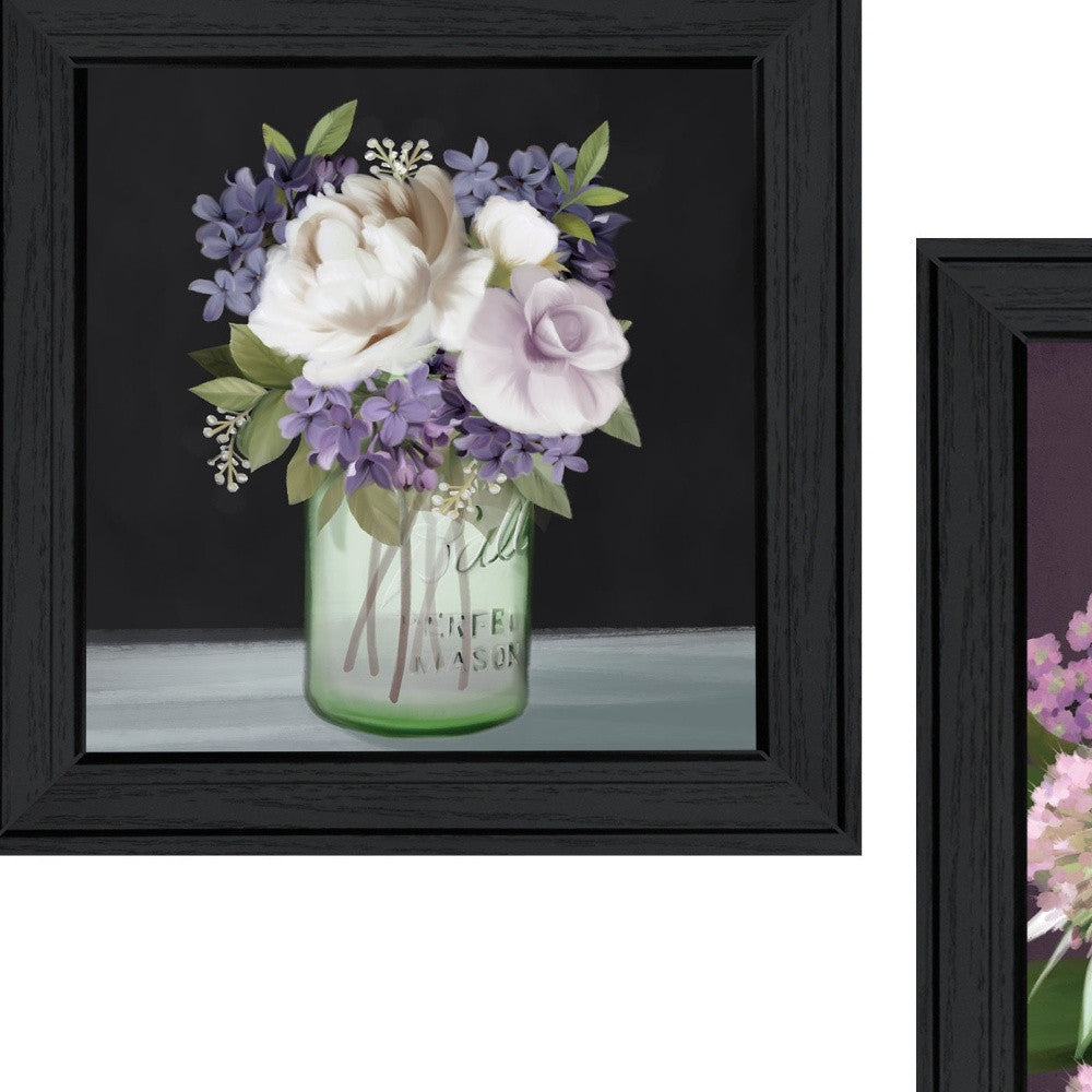 Set Of Two Lilac and Wild Plum Bouquet Black Framed Print Wall Art