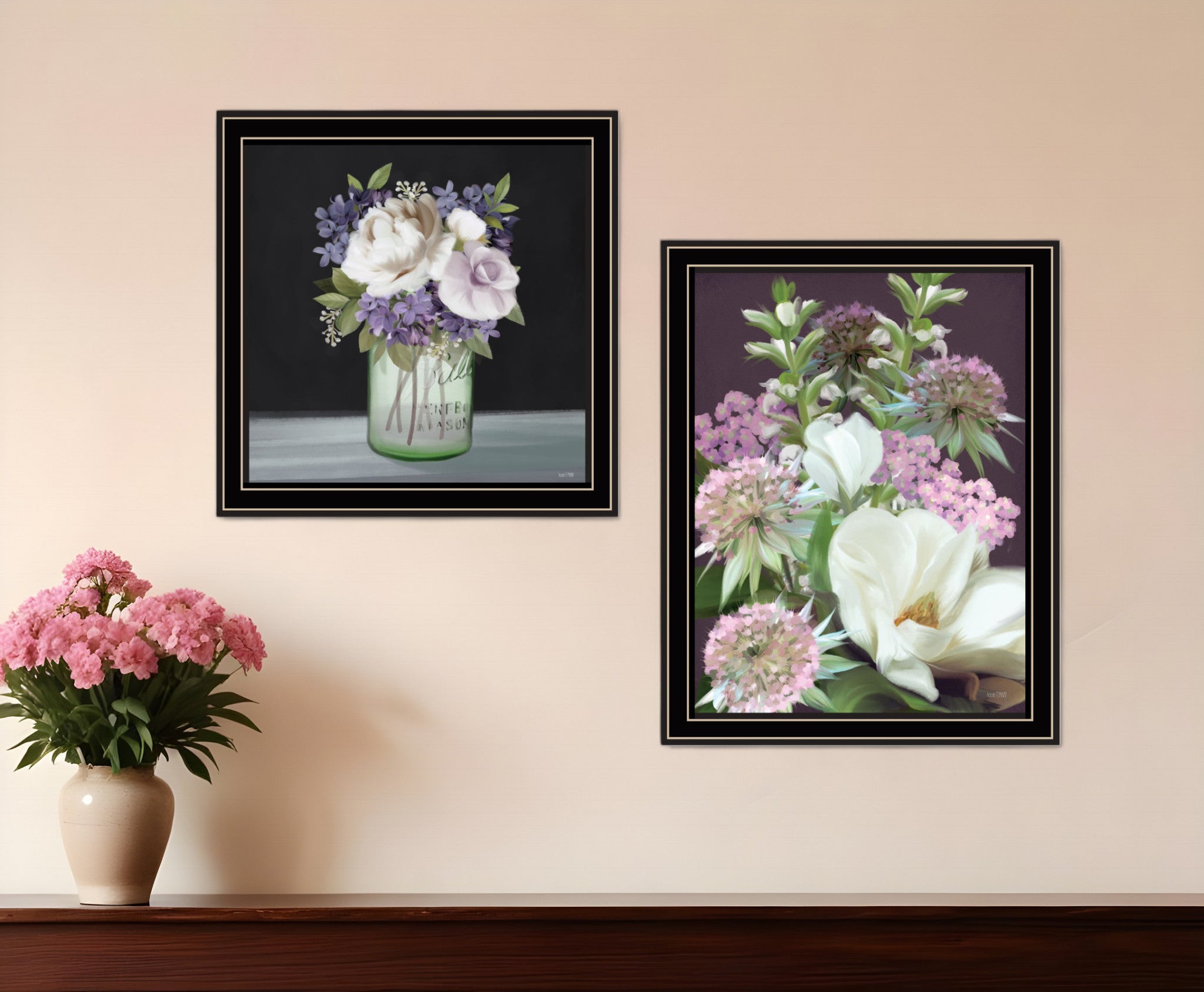 Set Of Two Lilac and Wild Plum Bouquet Black Framed Print Wall Art