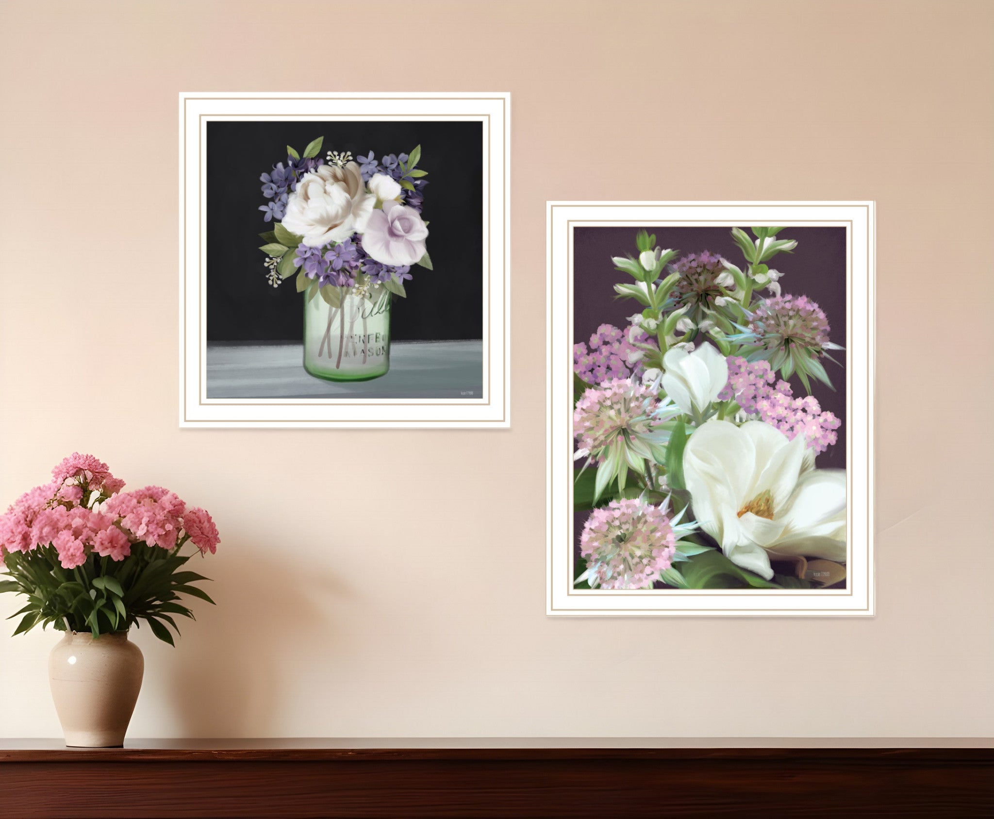 Set Of Two Lilac and Wild Plum Bouquet Black Framed Print Wall Art