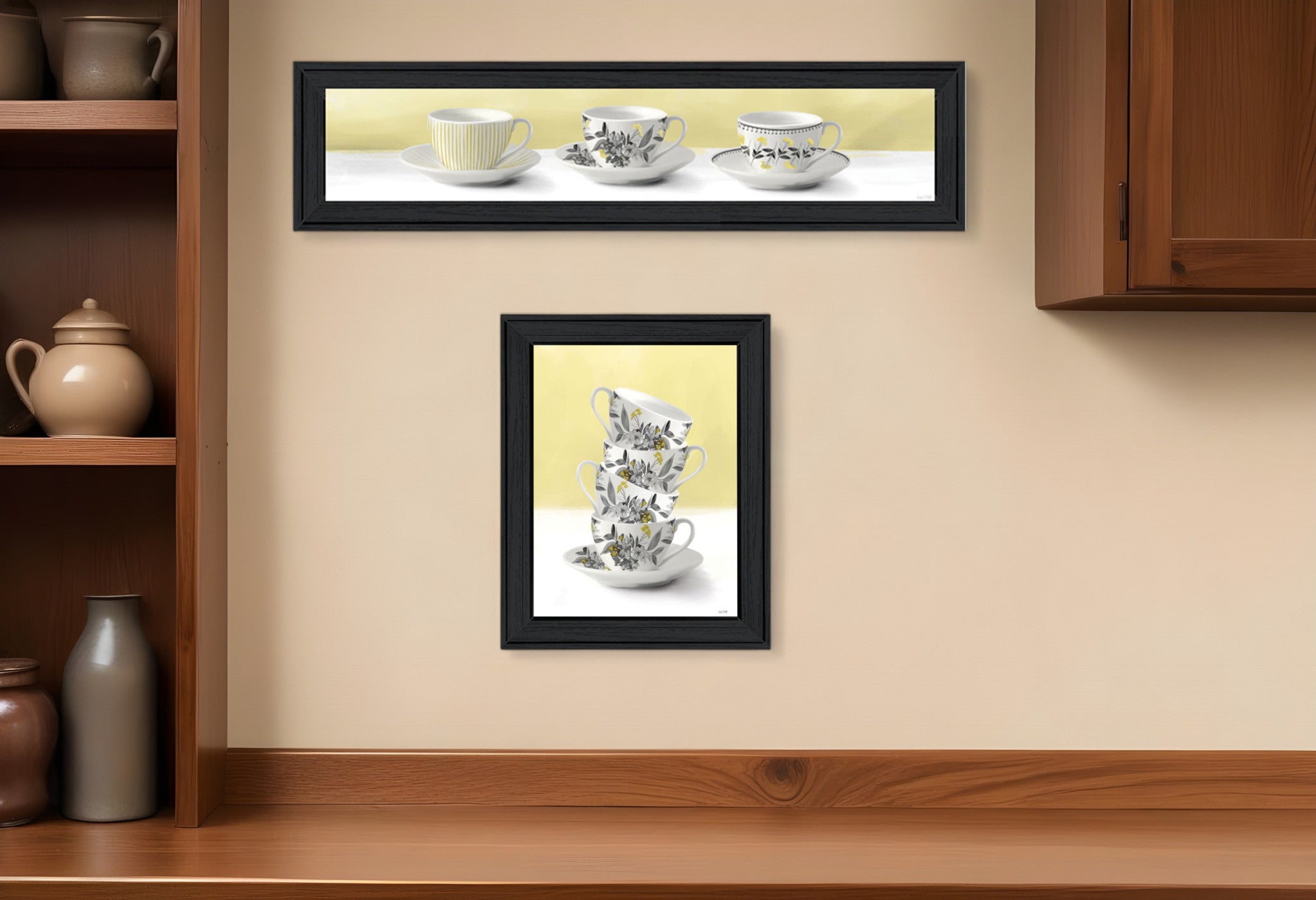 Set Of Two Teacups Black Framed Print Kitchen Wall Art