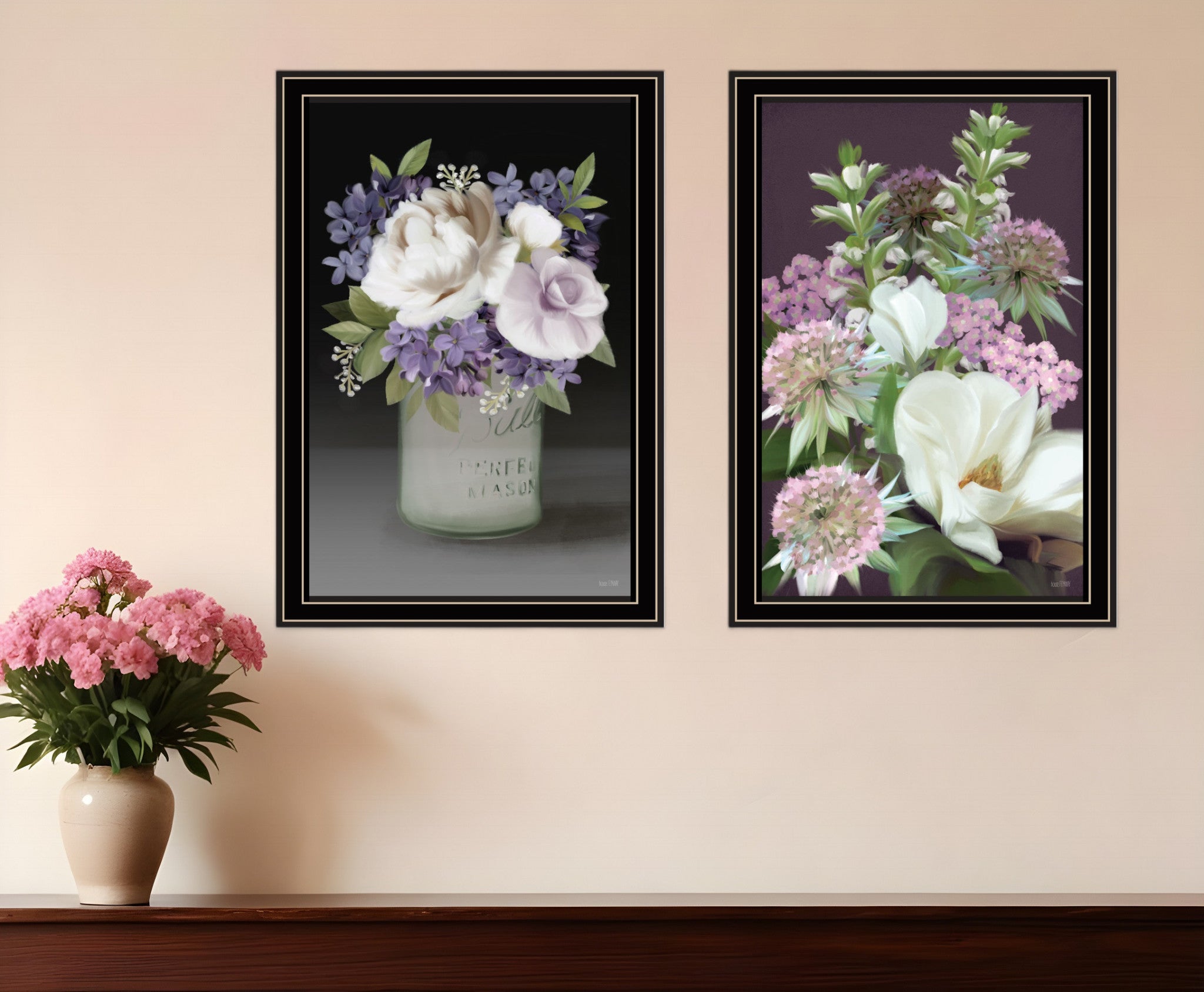 Set Of Two Lilac and Wild Plum Bouquet Black Framed Print Wall Art