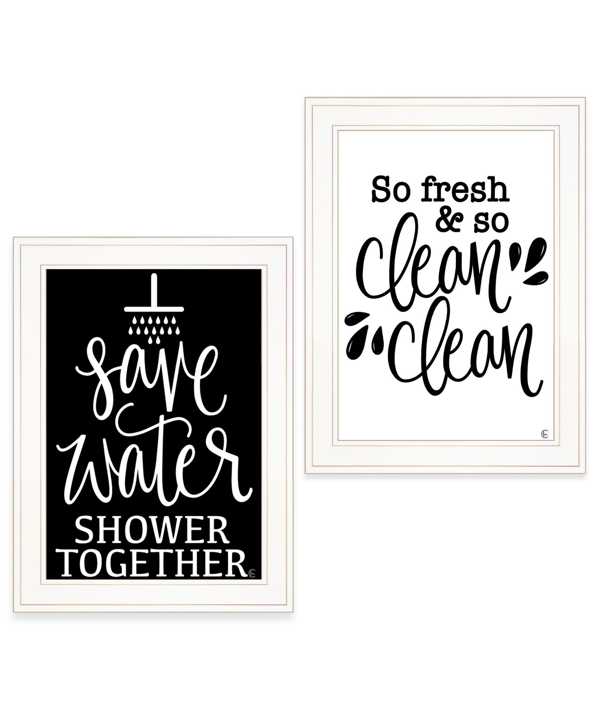 Set Of Two Clean or Shower Together White Framed Print Bathroom Wall Art