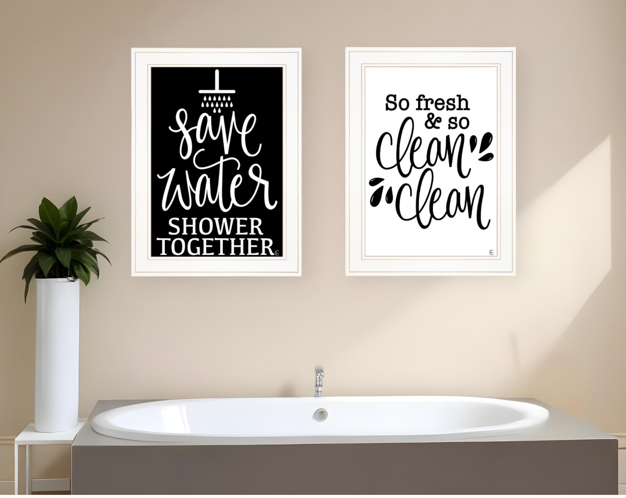 Set Of Two Clean or Shower Together White Framed Print Bathroom Wall Art