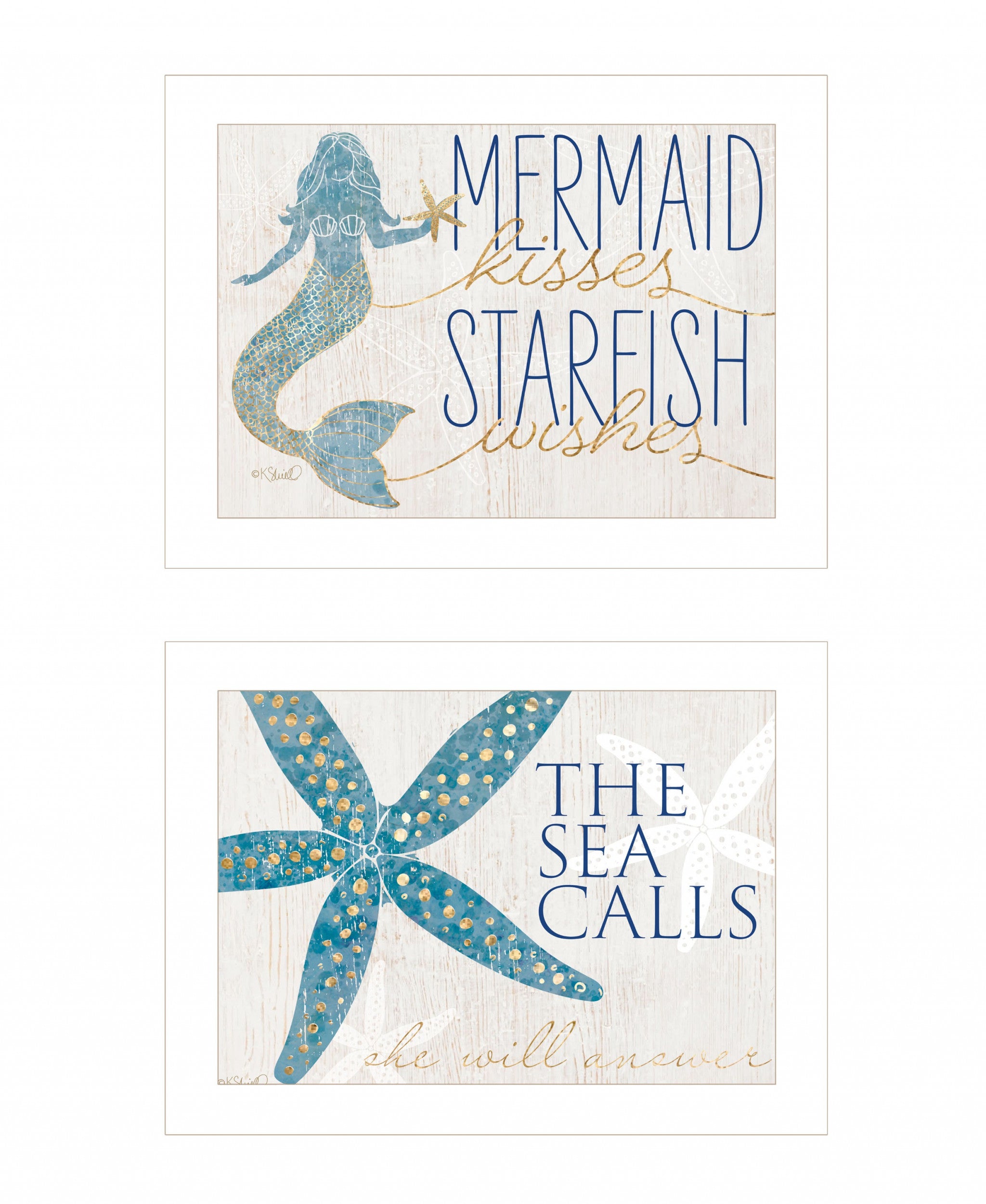 Set Of Two Mermaid Kisses Starfish Wishes 1 White Framed Print Wall Art