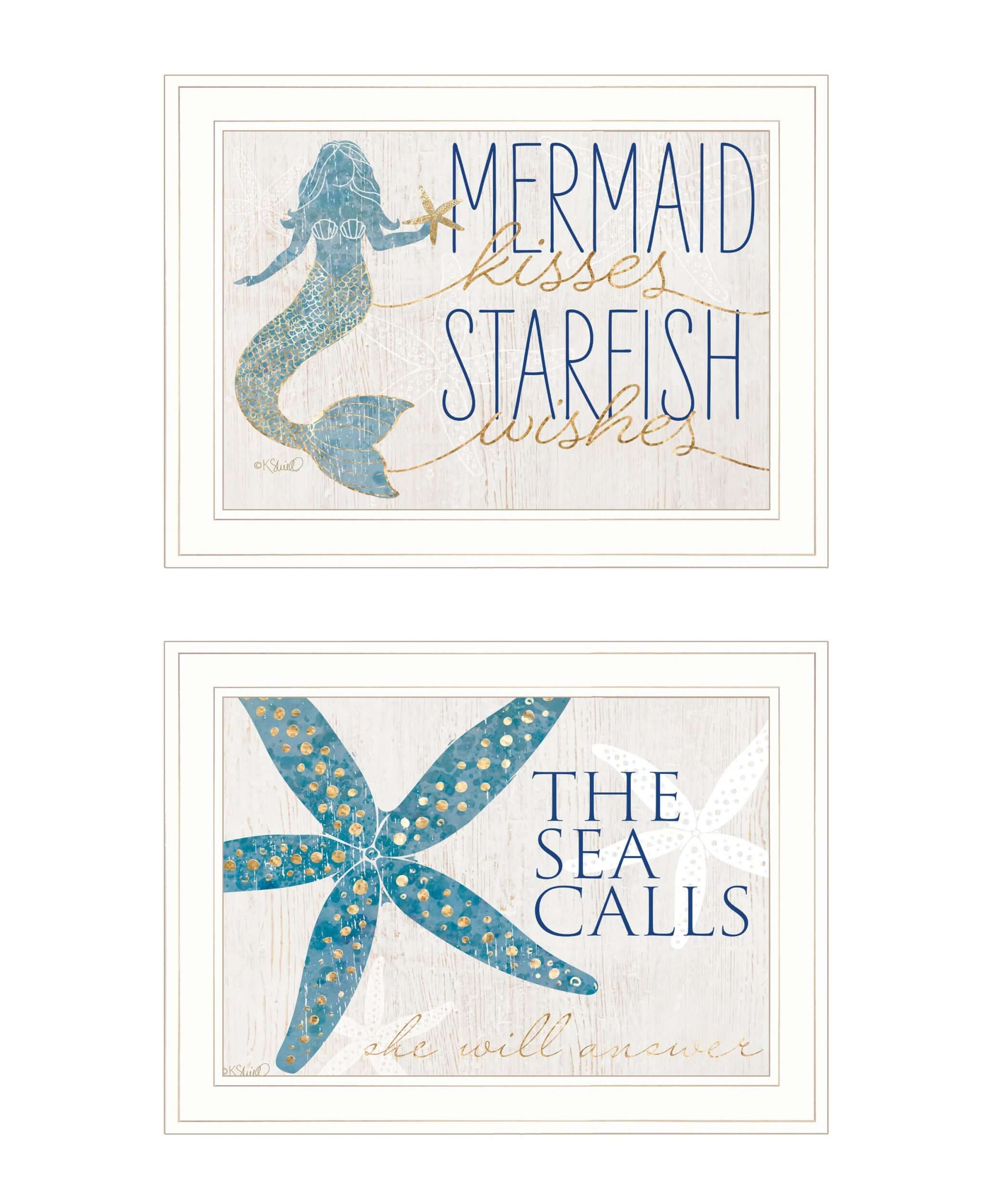 Set Of Two Mermaid Kisses Starfish Wishes 2 White Framed Print Wall Art