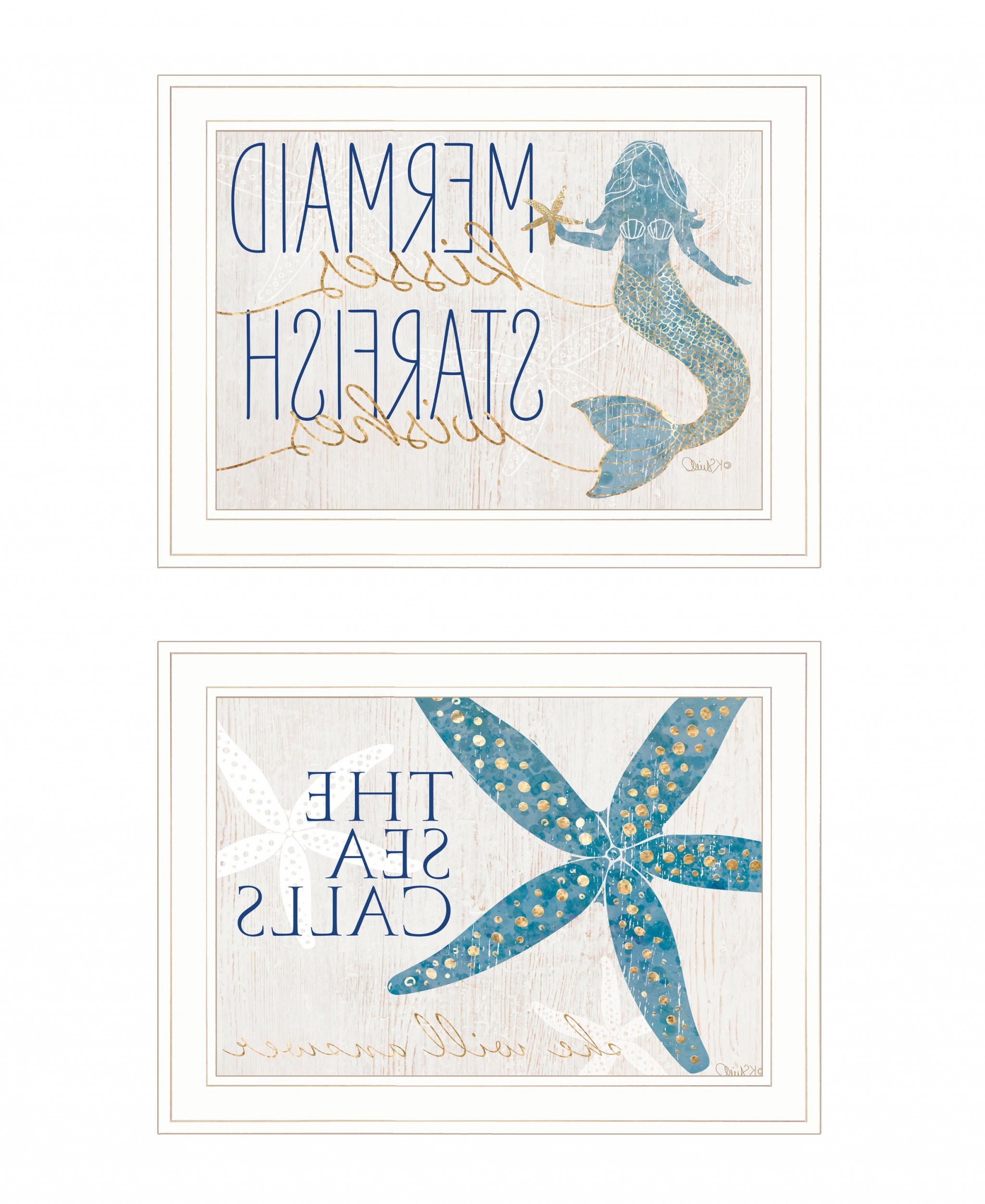 Set Of Two Mermaid Kisses Starfish Wishes 2 White Framed Print Wall Art