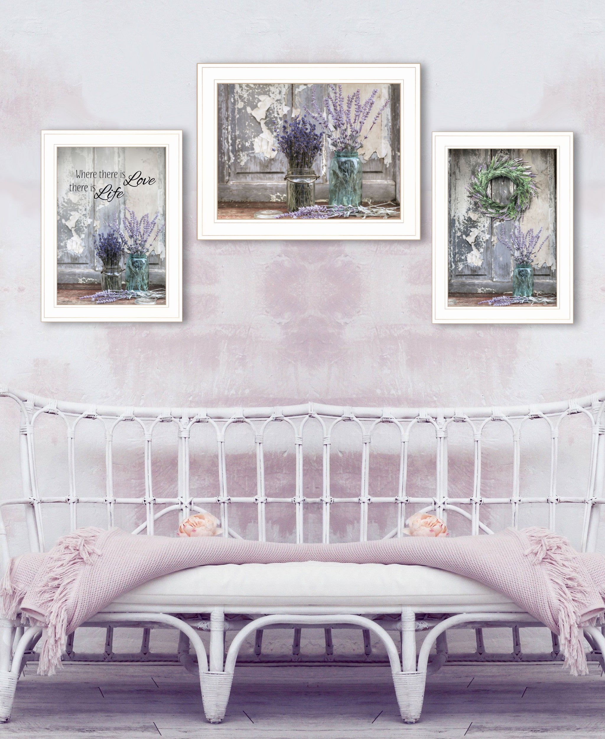 Set Of Three Love Life And Lavender White Framed Print Wall Art