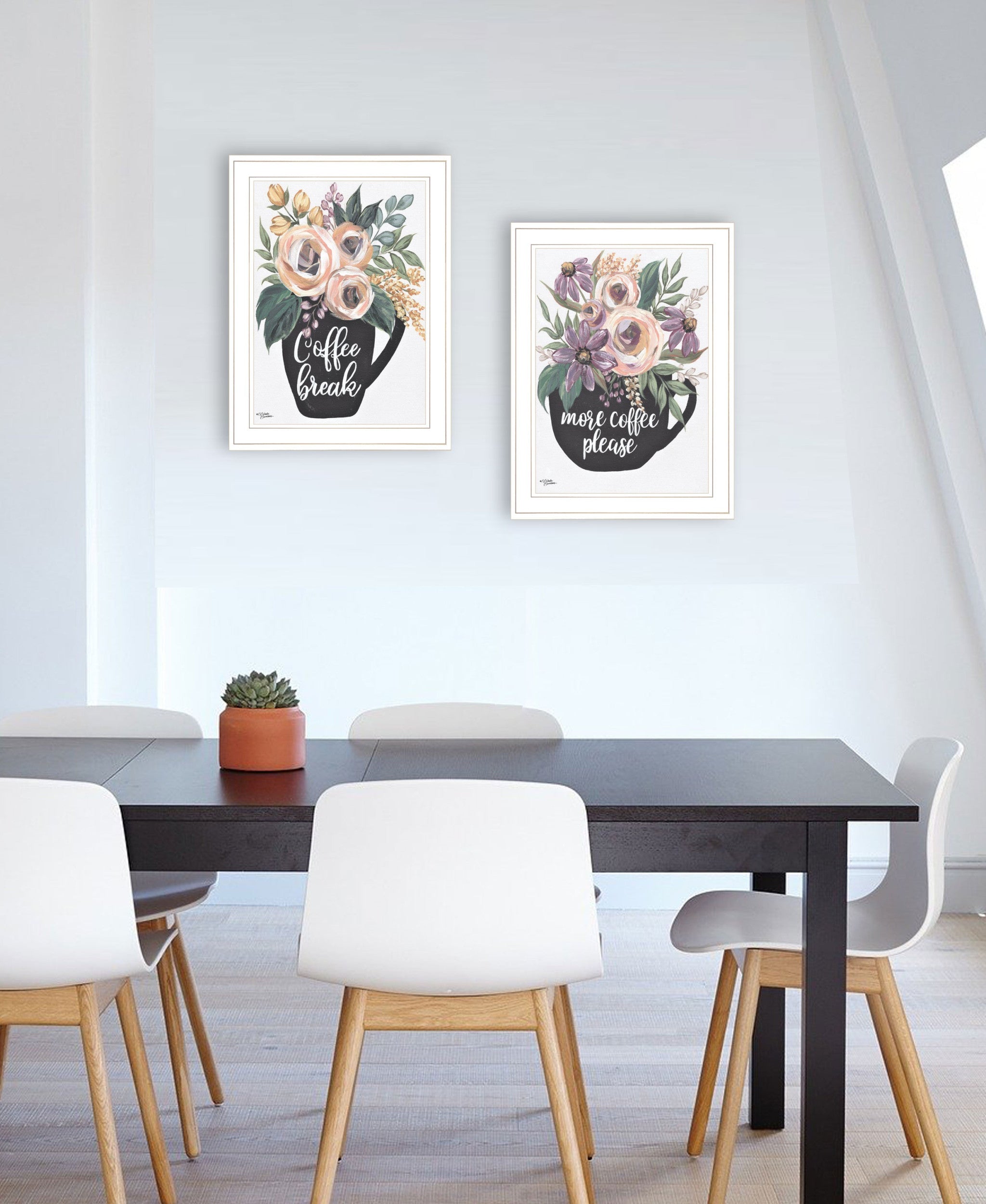 Set Of Two Coffee And Flowers White Framed Print Kitchen Wall Art