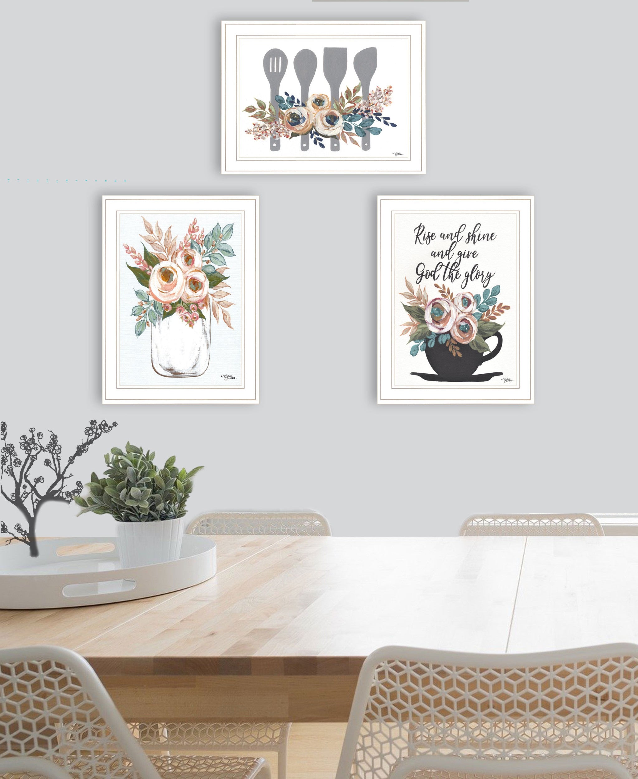 Set Of Three Rise and Shine White Framed Print Kitchen Wall Art