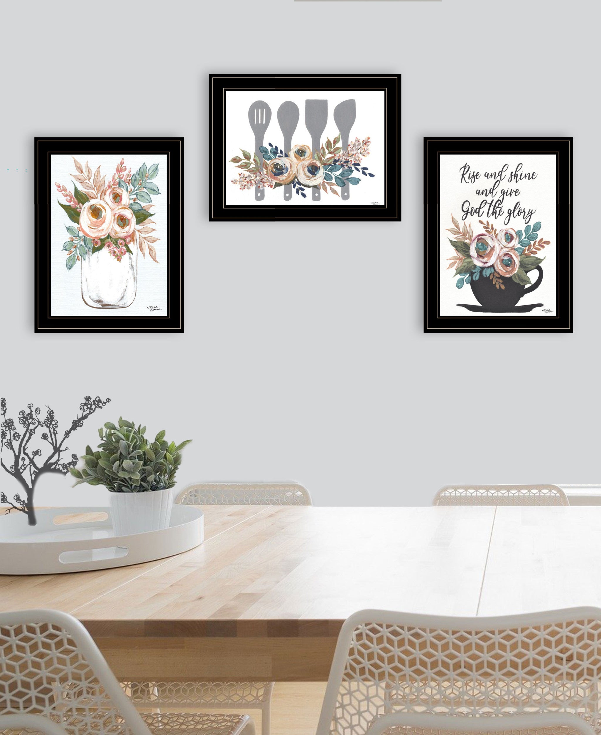 Set Of Three Rise and Shine Kitchen Black Framed Print Kitchen Wall Art