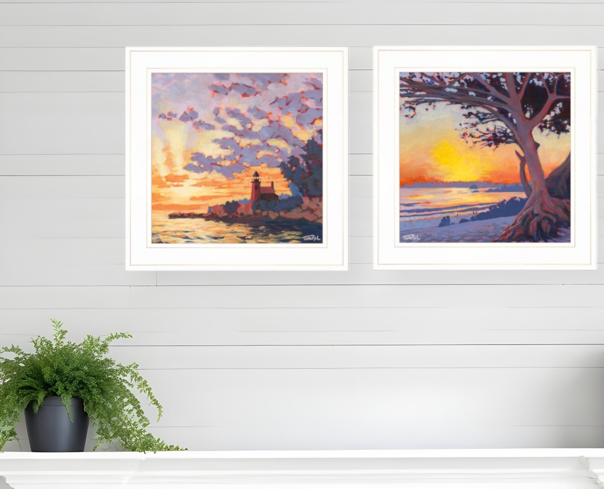 Set Of Two Carmel Beach and Lighthouse 1 White Framed Print Wall Art