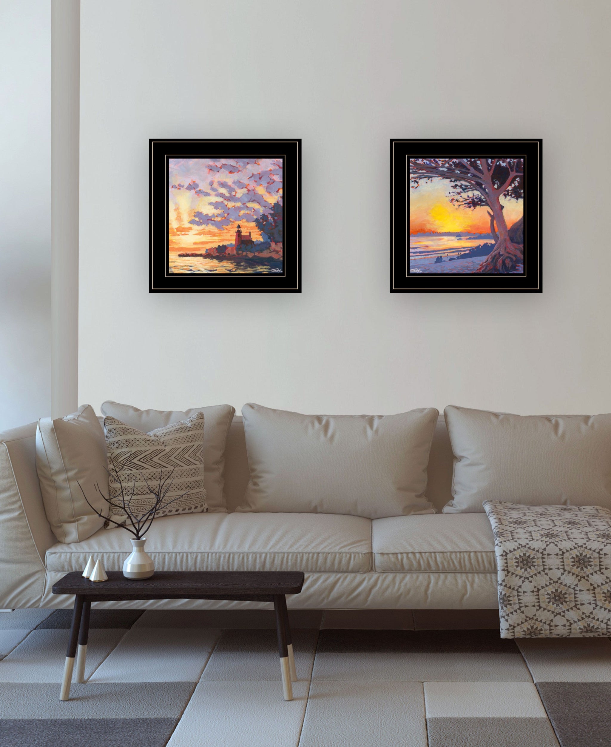 Set Of Two Carmel Beach and Lighthouse Black Framed Print Wall Art