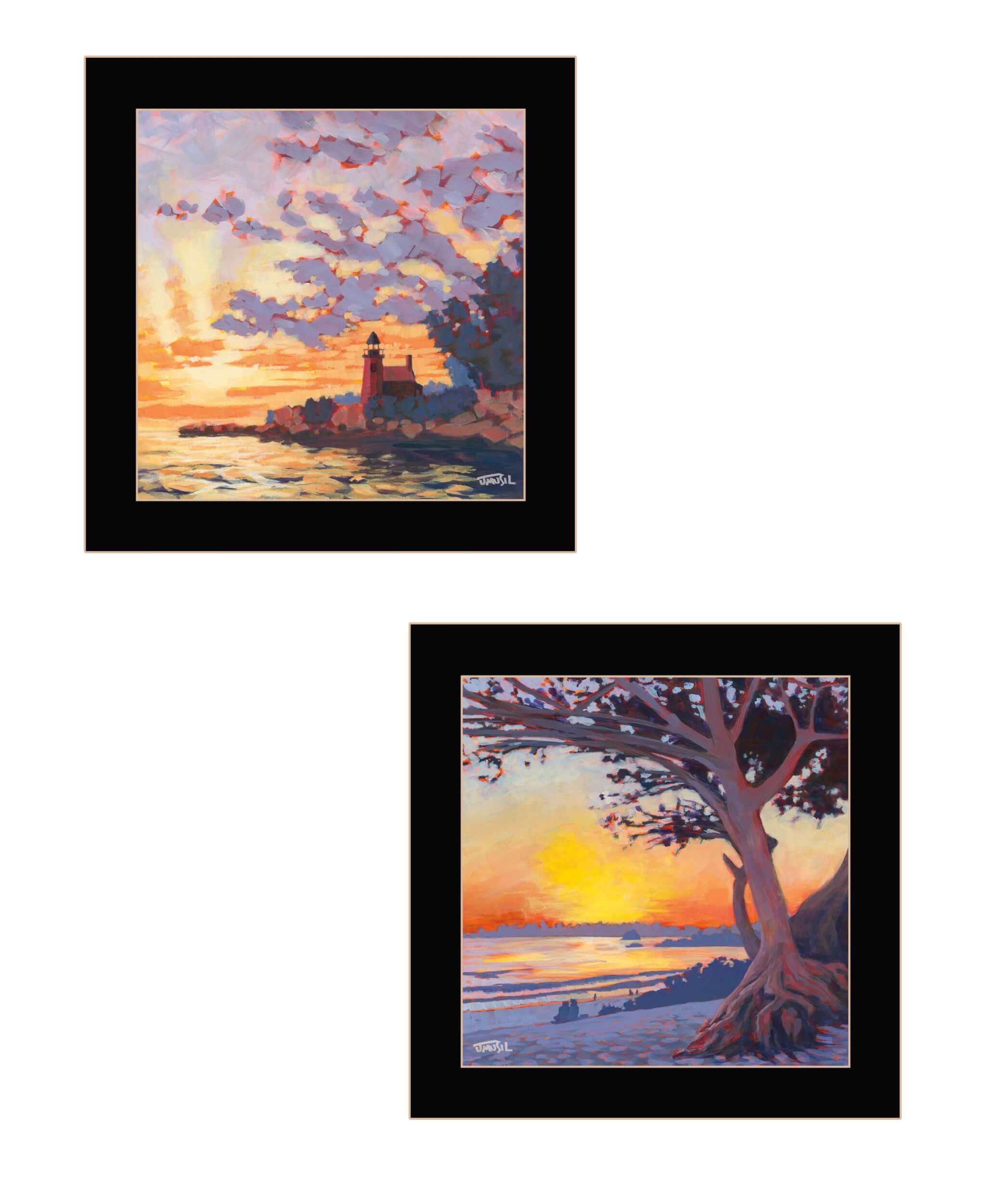 Set Of Two Carmel Beach And Lighthouse 4 Black Framed Print Wall Art