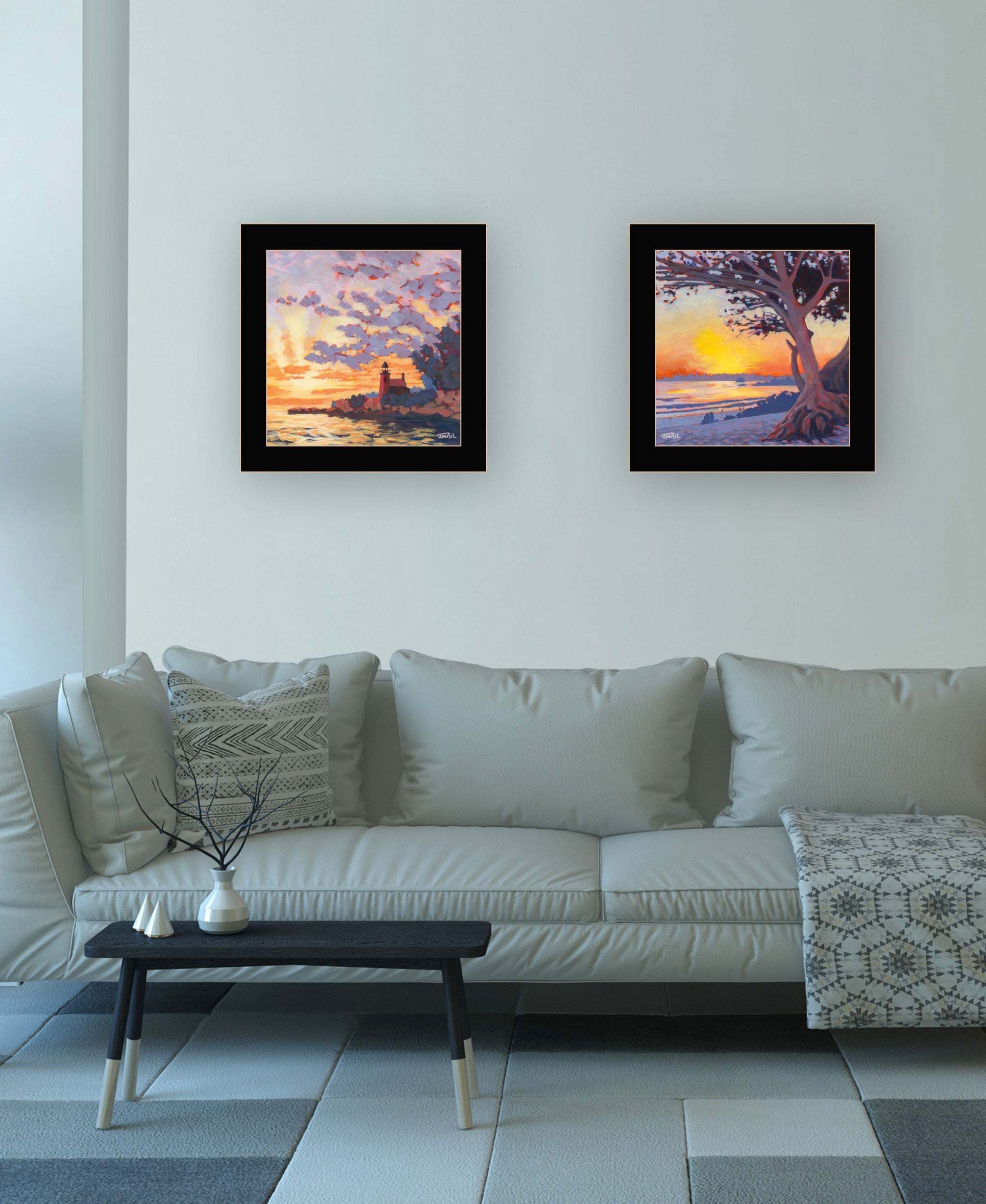 Set Of Two Carmel Beach and Lighthouse 4 Black Framed Print Wall Art