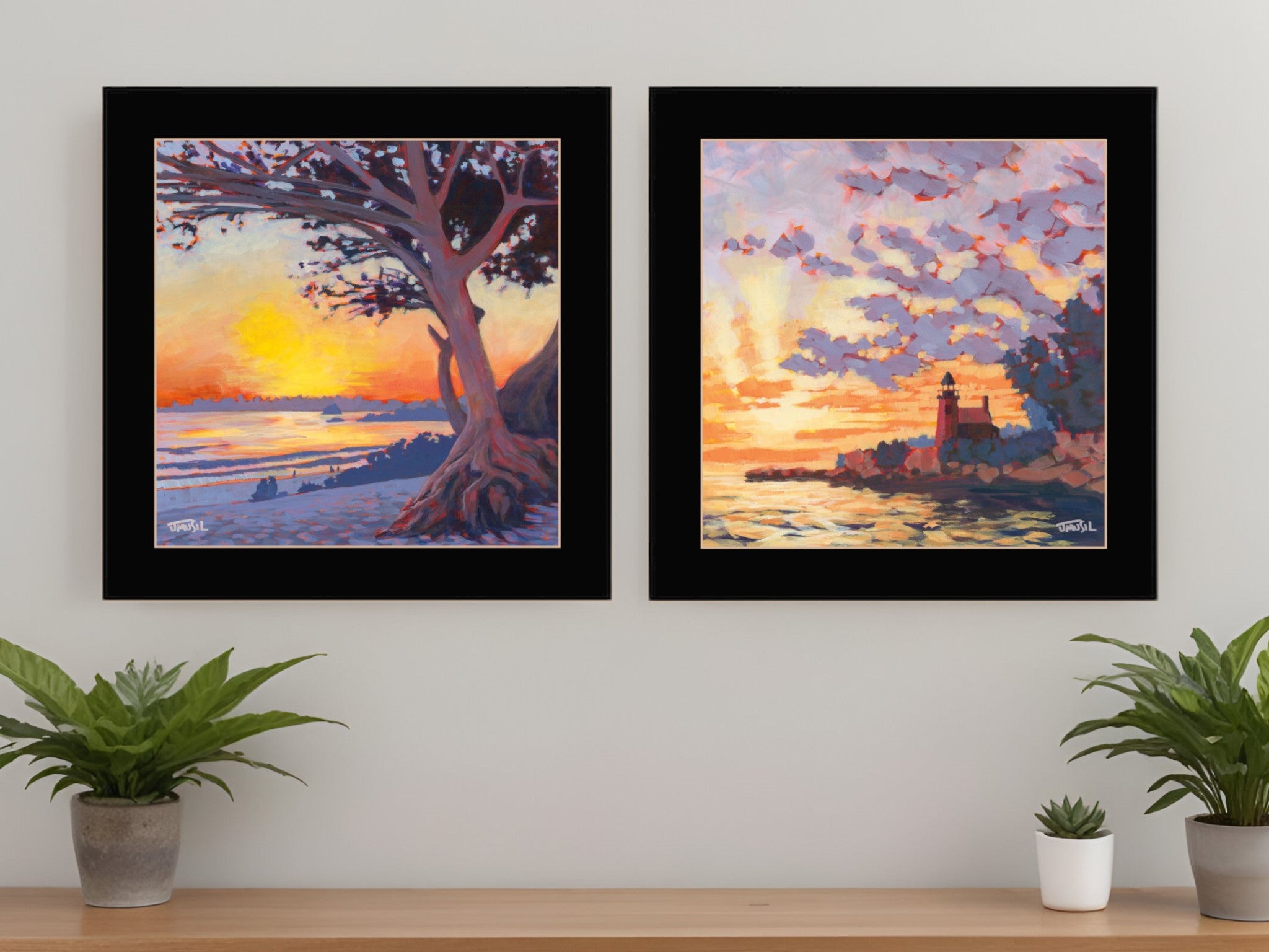 Set Of Two Carmel Beach and Lighthouse 4 Black Framed Print Wall Art