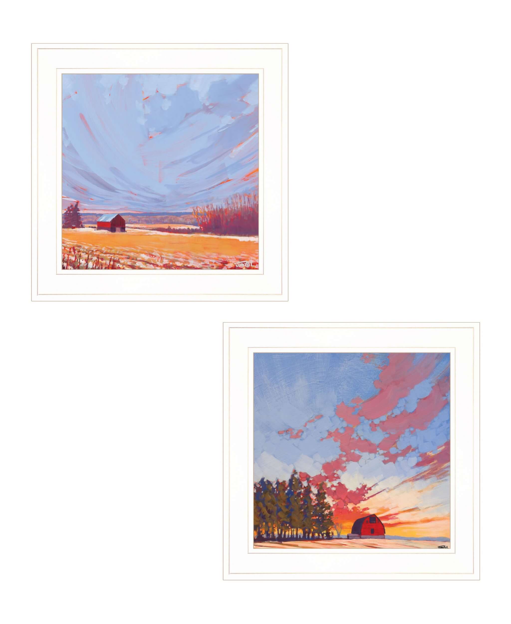 Set Of Two Scenic Landscapes With Barns 1 White Framed Print Wall Art