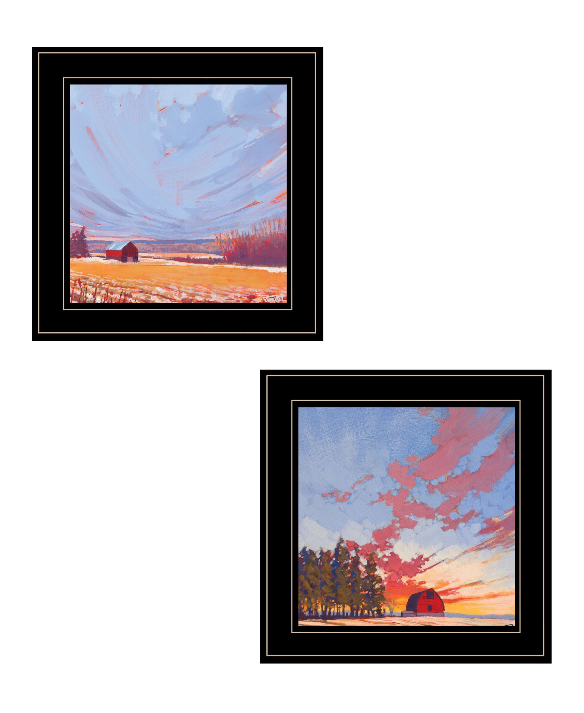 Set Of Two Scenic Landscapes With Barns Black Framed Print Wall Art