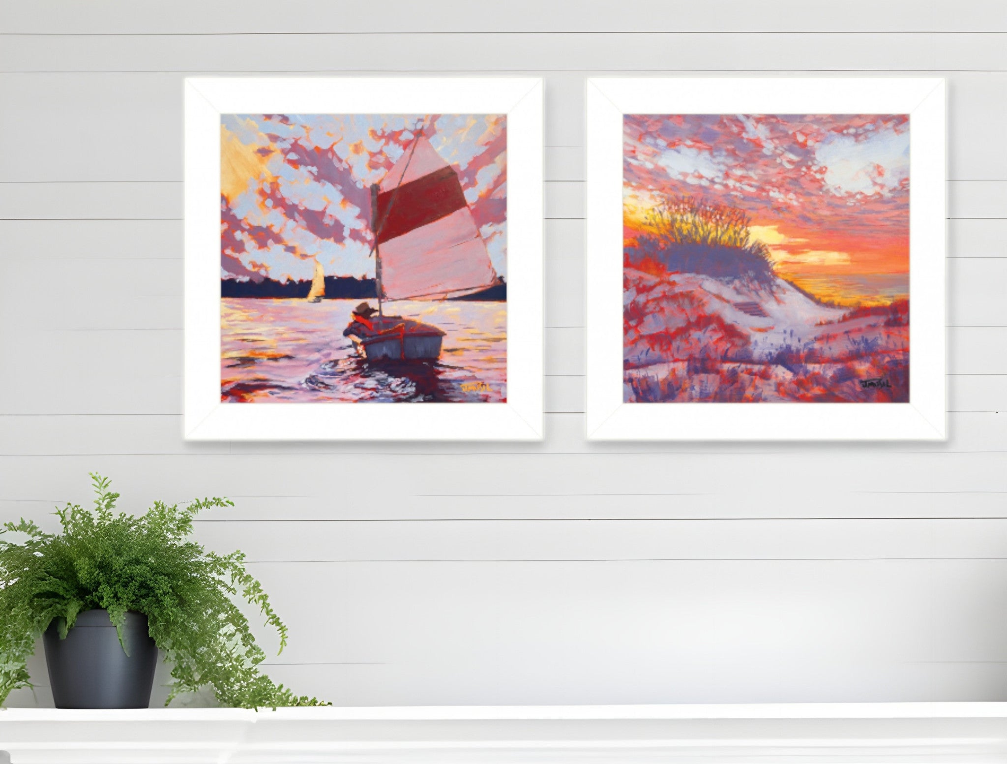 Set Of Two Jones Beach and Sailboat 1 White Framed Print Wall Art