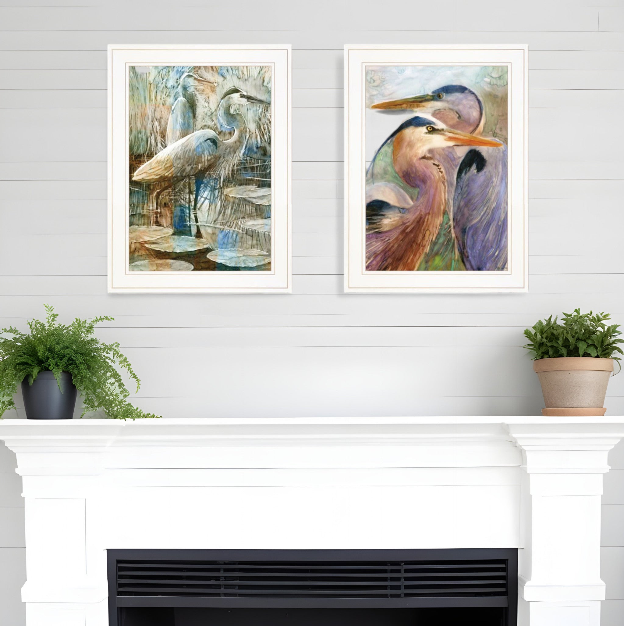 Set Of Two Blue Heron Duet White Framed Print Wall Art