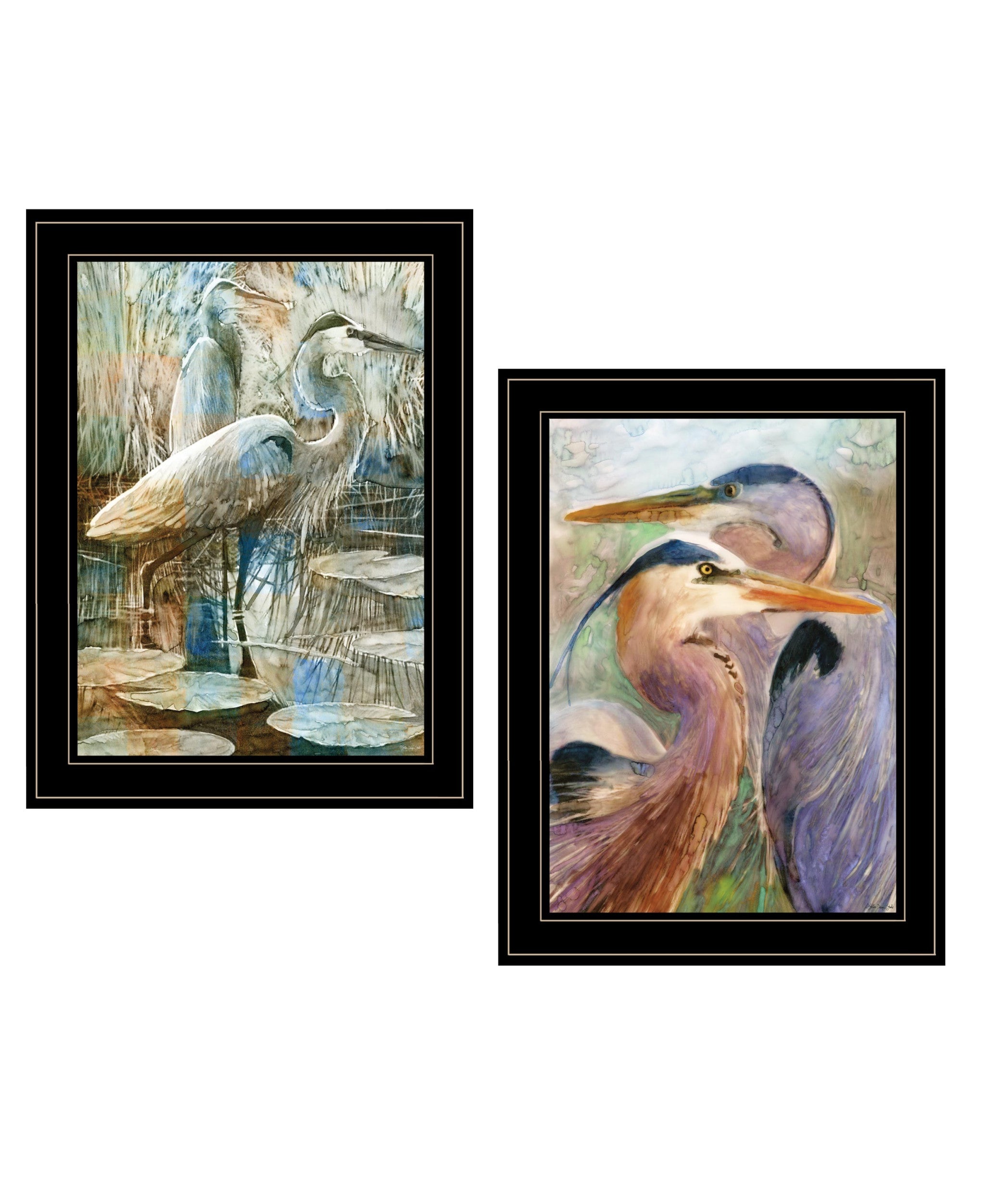 Set Of Two Blue Heron Duet Black Framed Print Wall Art