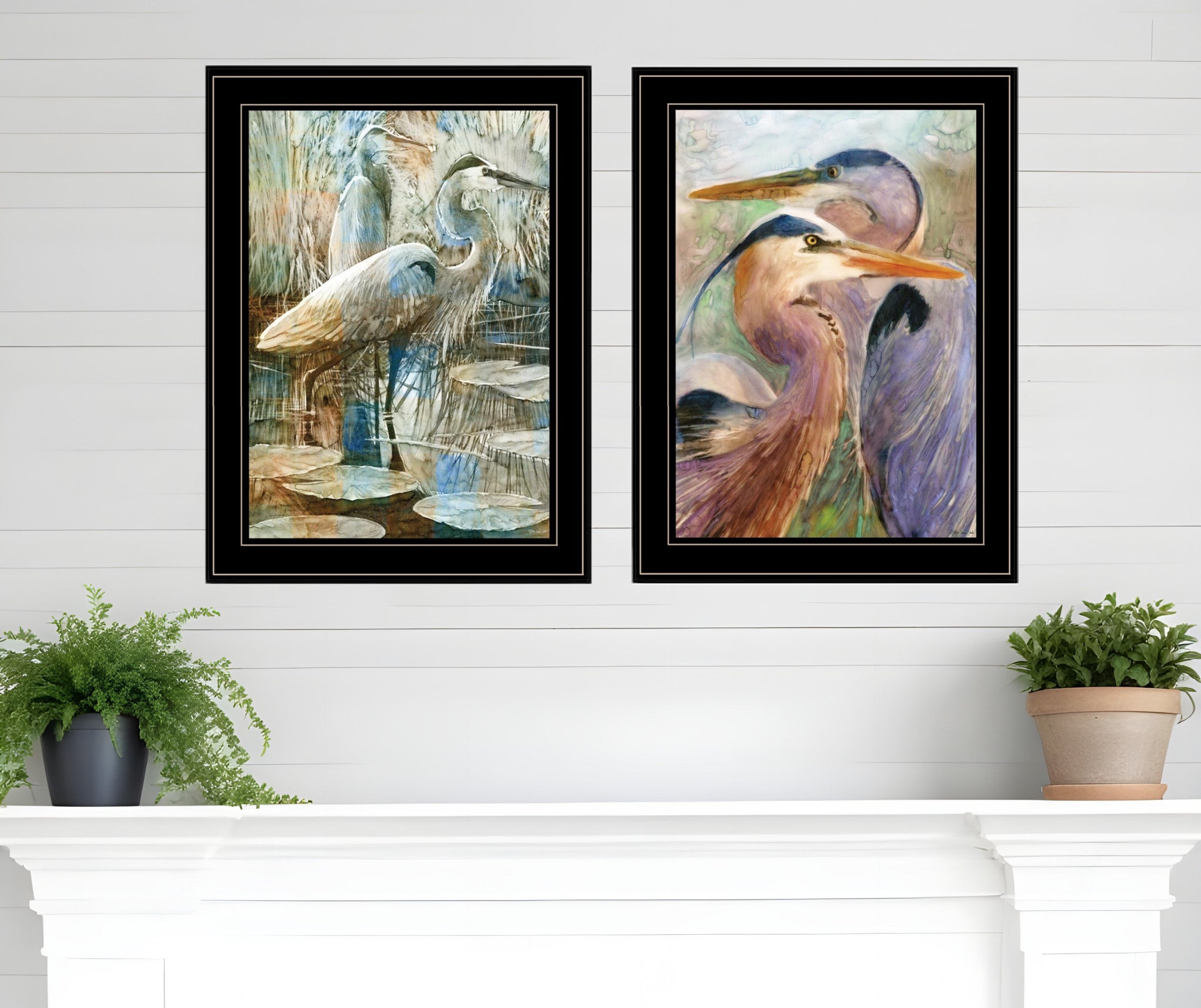 Set Of Two Blue Heron Duet Black Framed Print Wall Art