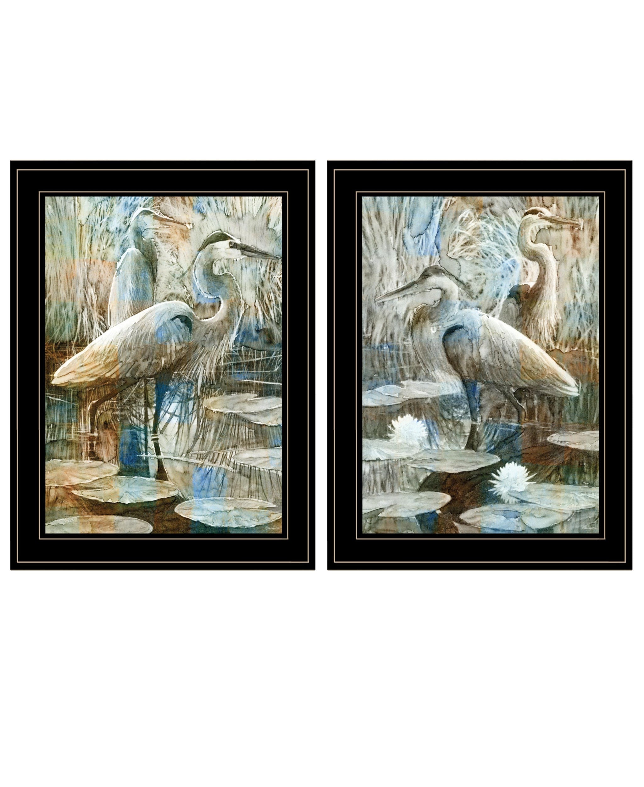 Set Of Two Marsh Herons I and Sea II Black Framed Print Wall Art