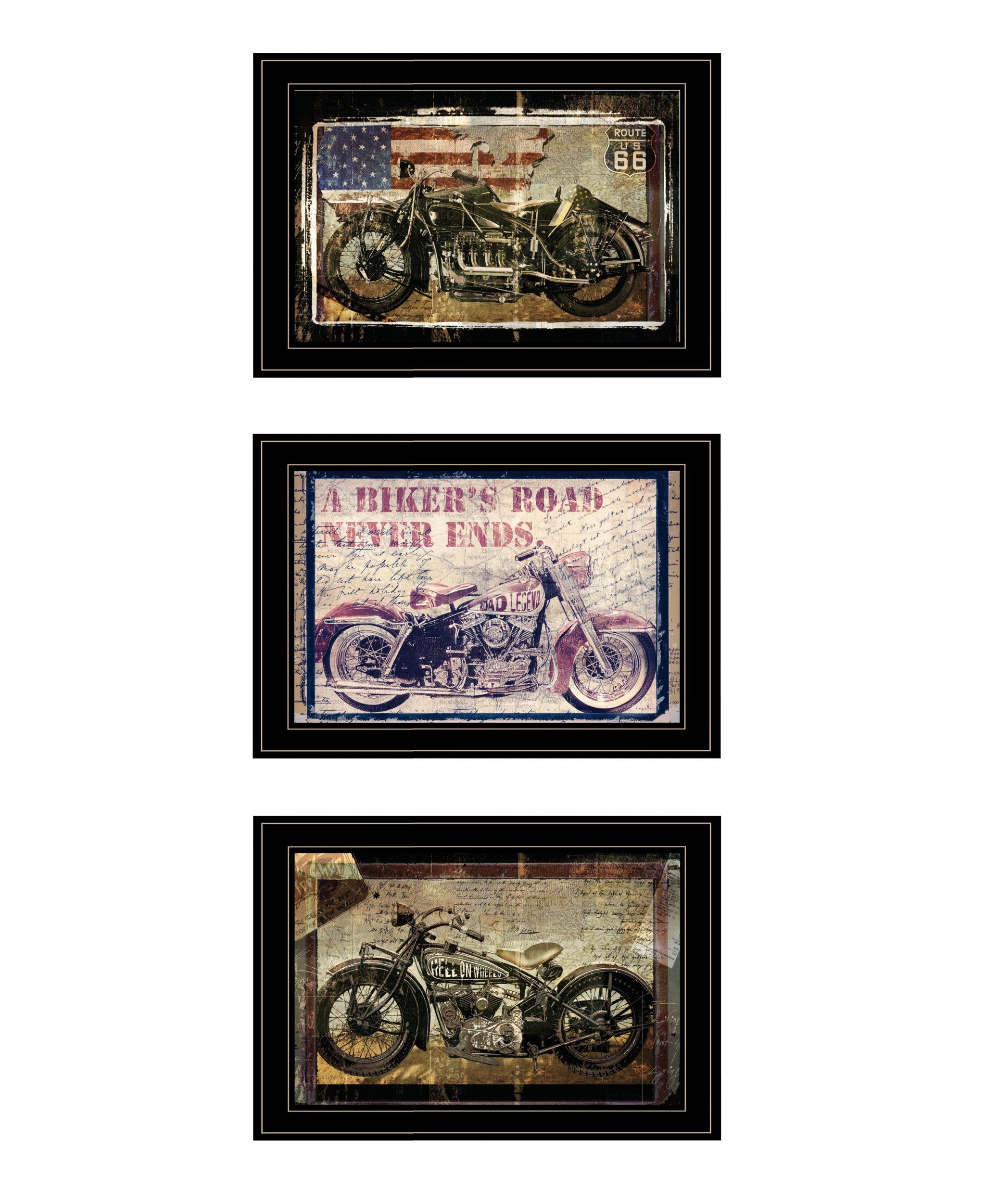 Set Of Three Classical Motorcycle 2 Black Framed Print Wall Art