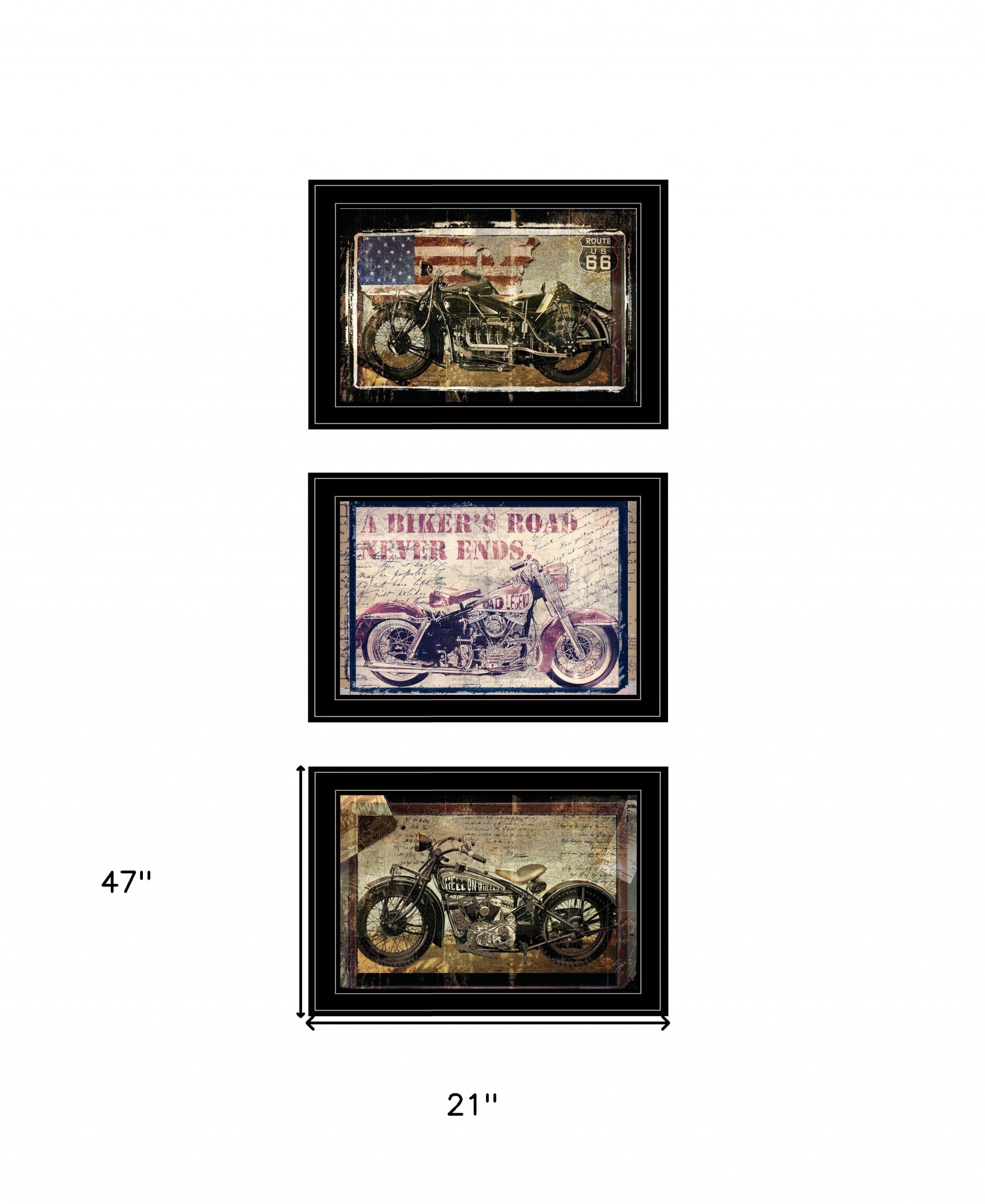 Set Of Three Classical Motorcycle 2 Black Framed Print Wall Art