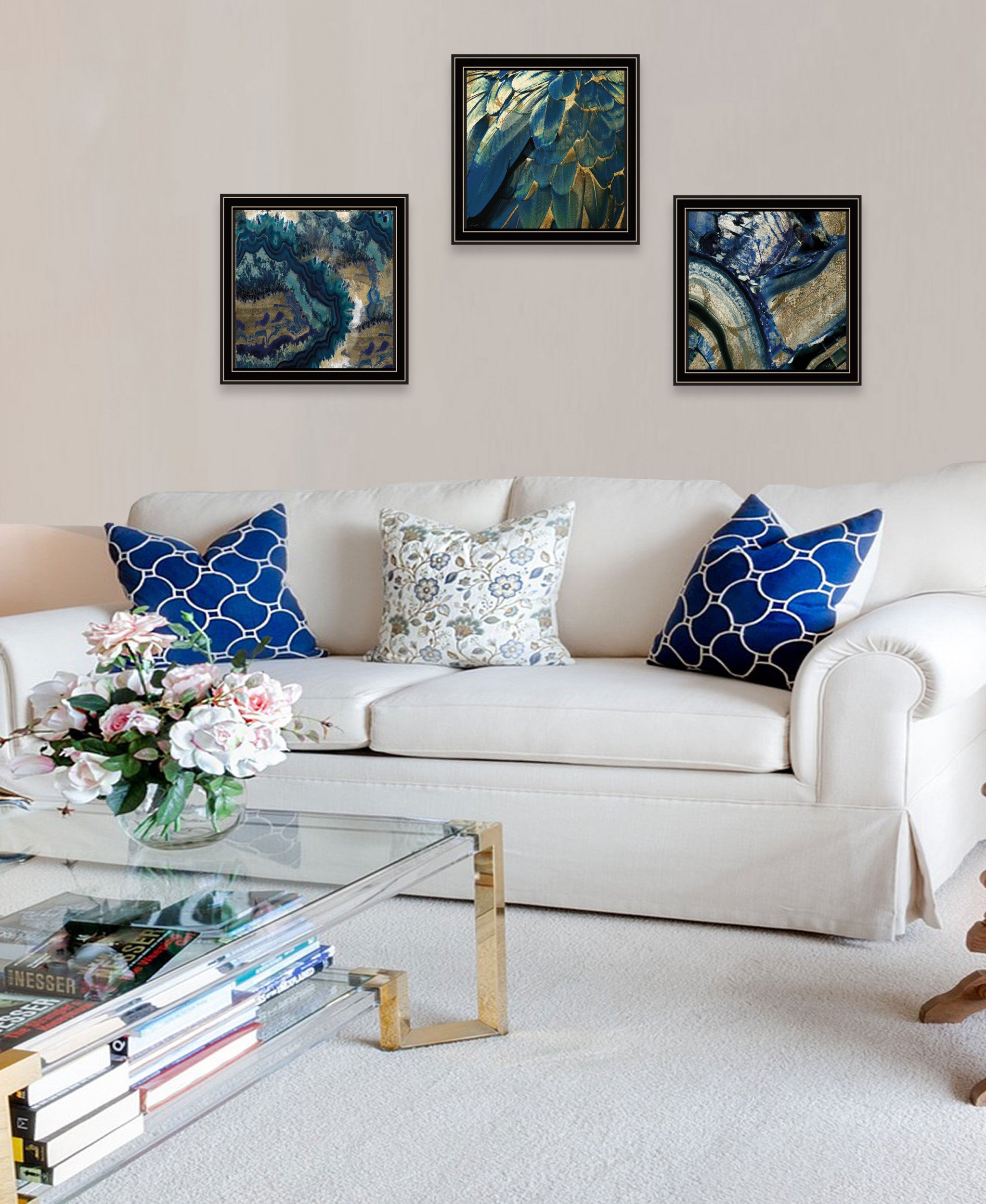 Set Of Three Deep Blue 1 Black Framed Print Wall Art