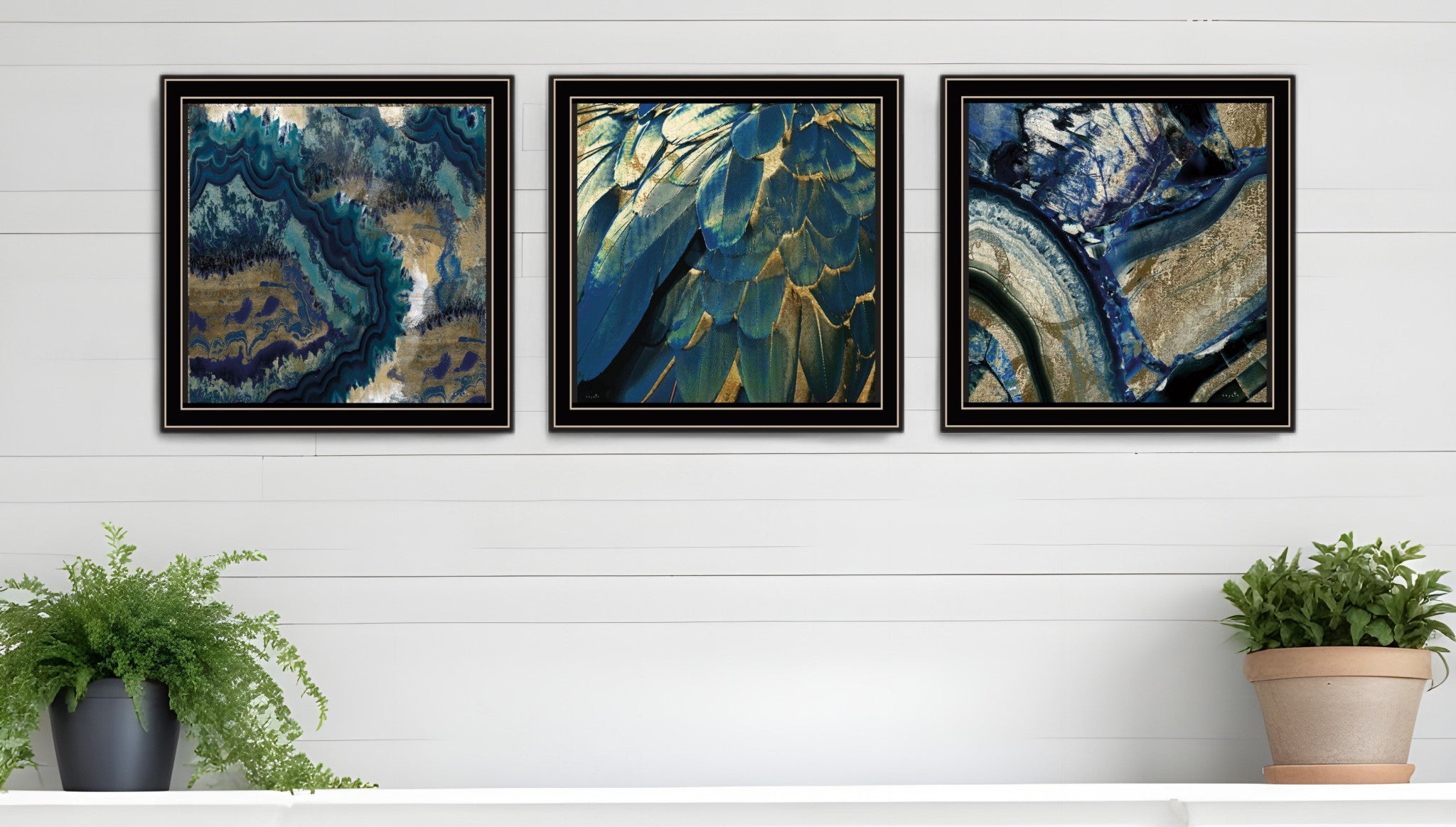 Set Of Three Deep Blue 1 Black Framed Print Wall Art