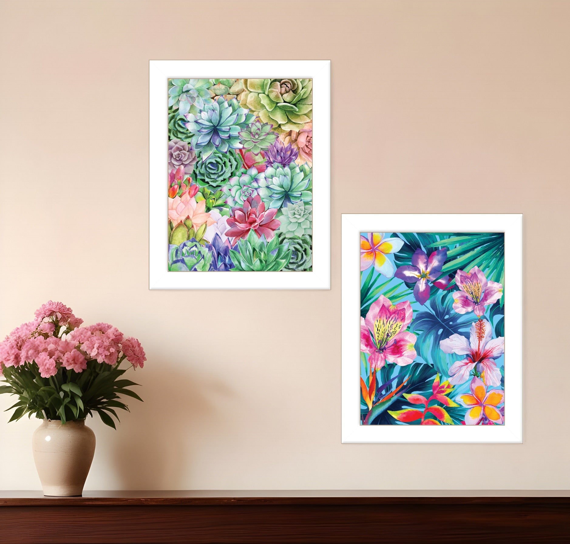 Set Of Two Succulents Paradise and Tropical Flowers White Framed Print Wall Art