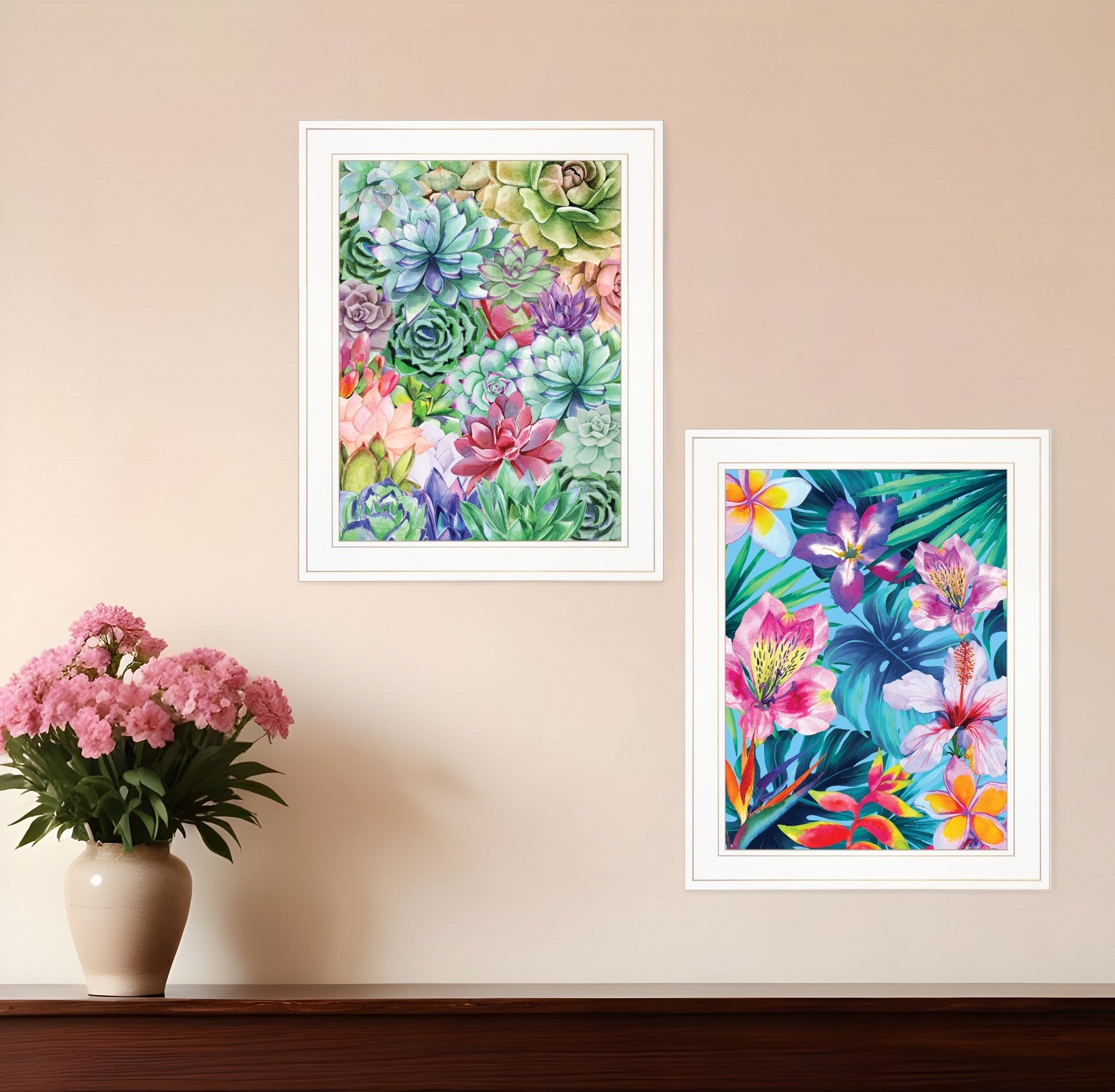 Set Of Two Succulents Paradise and Tropical Flowers White Framed Print Wall Art