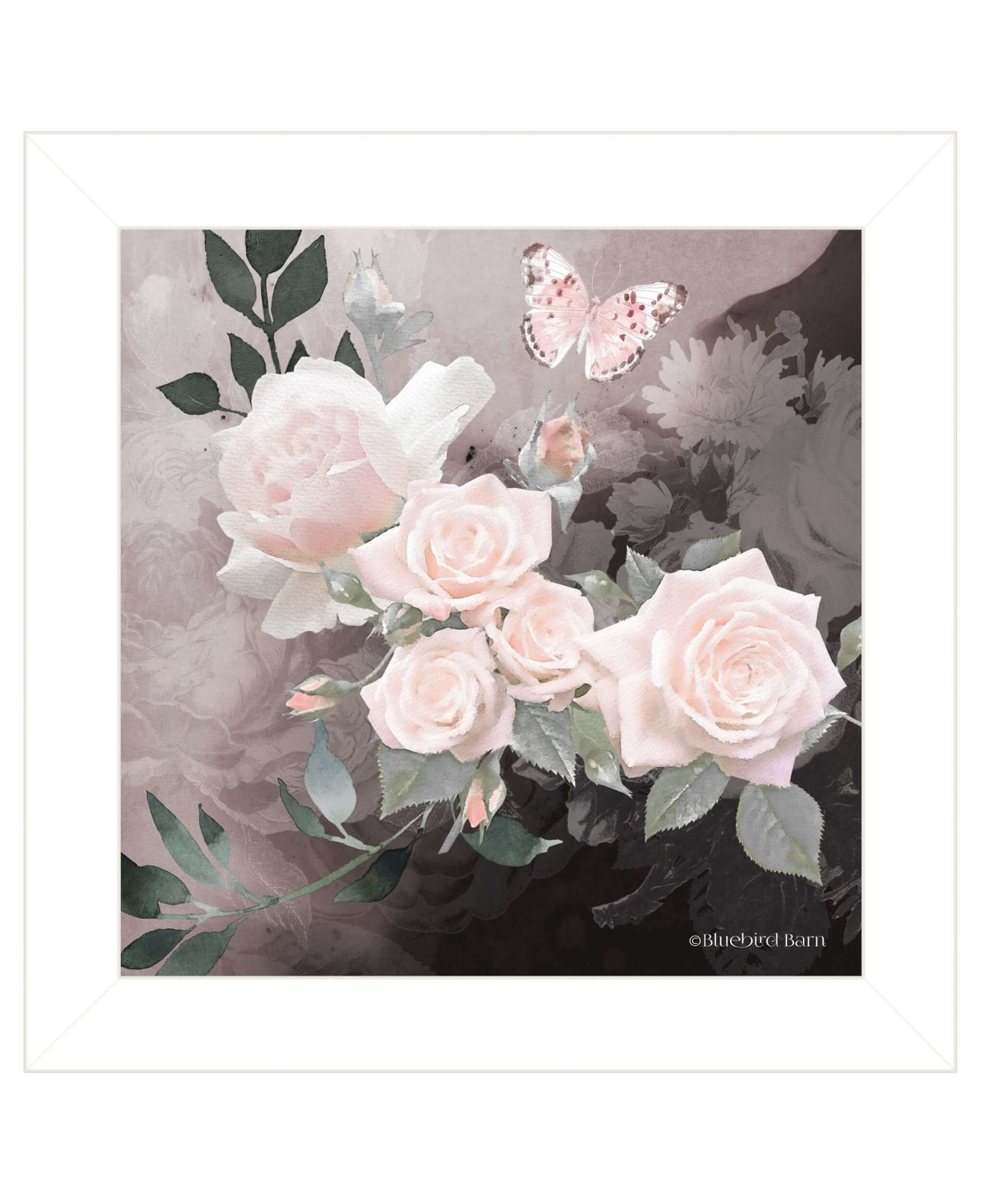 Pink Roses and Butterfly White Framed Print Wall Art