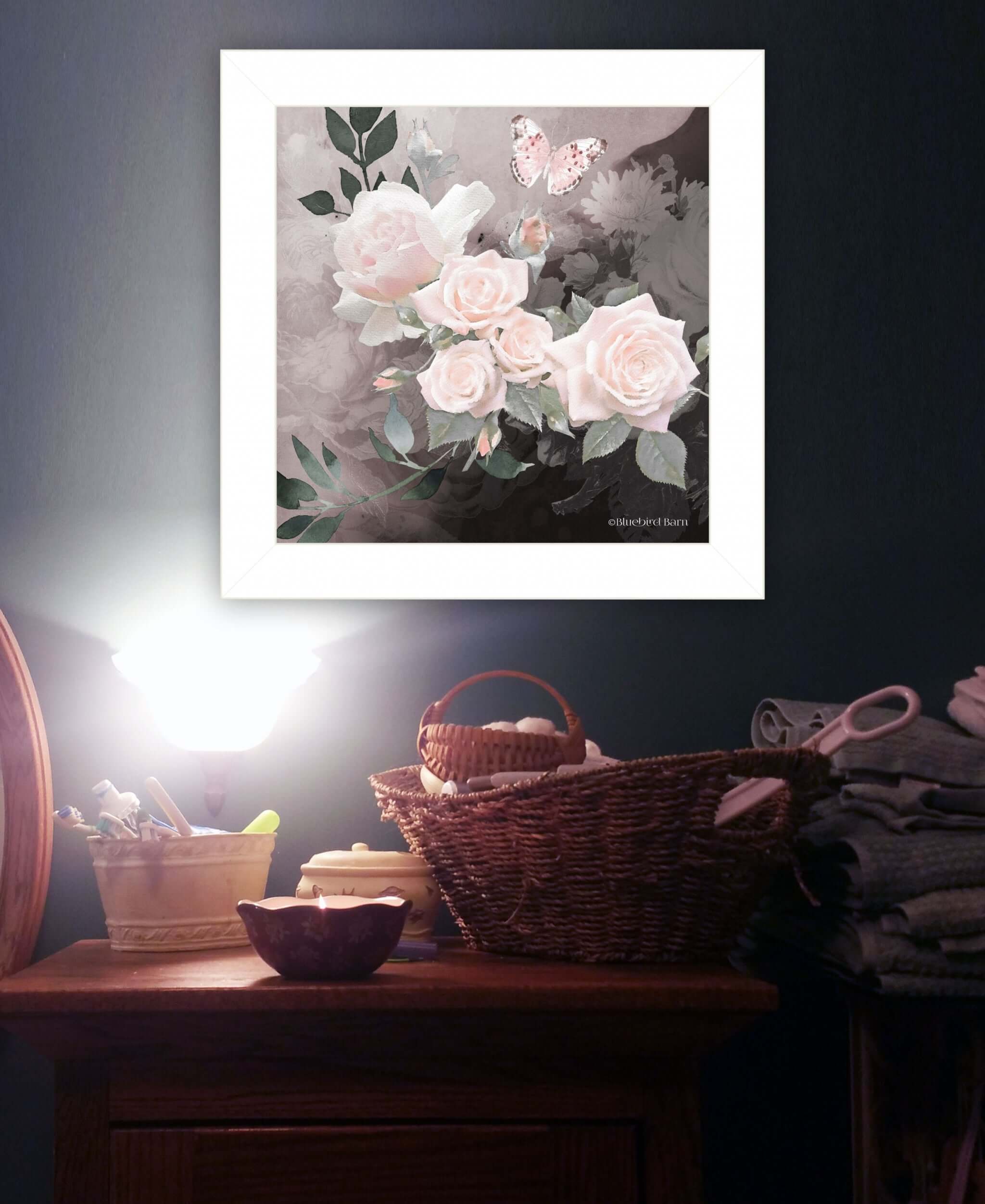 Pink Roses and Butterfly White Framed Print Wall Art