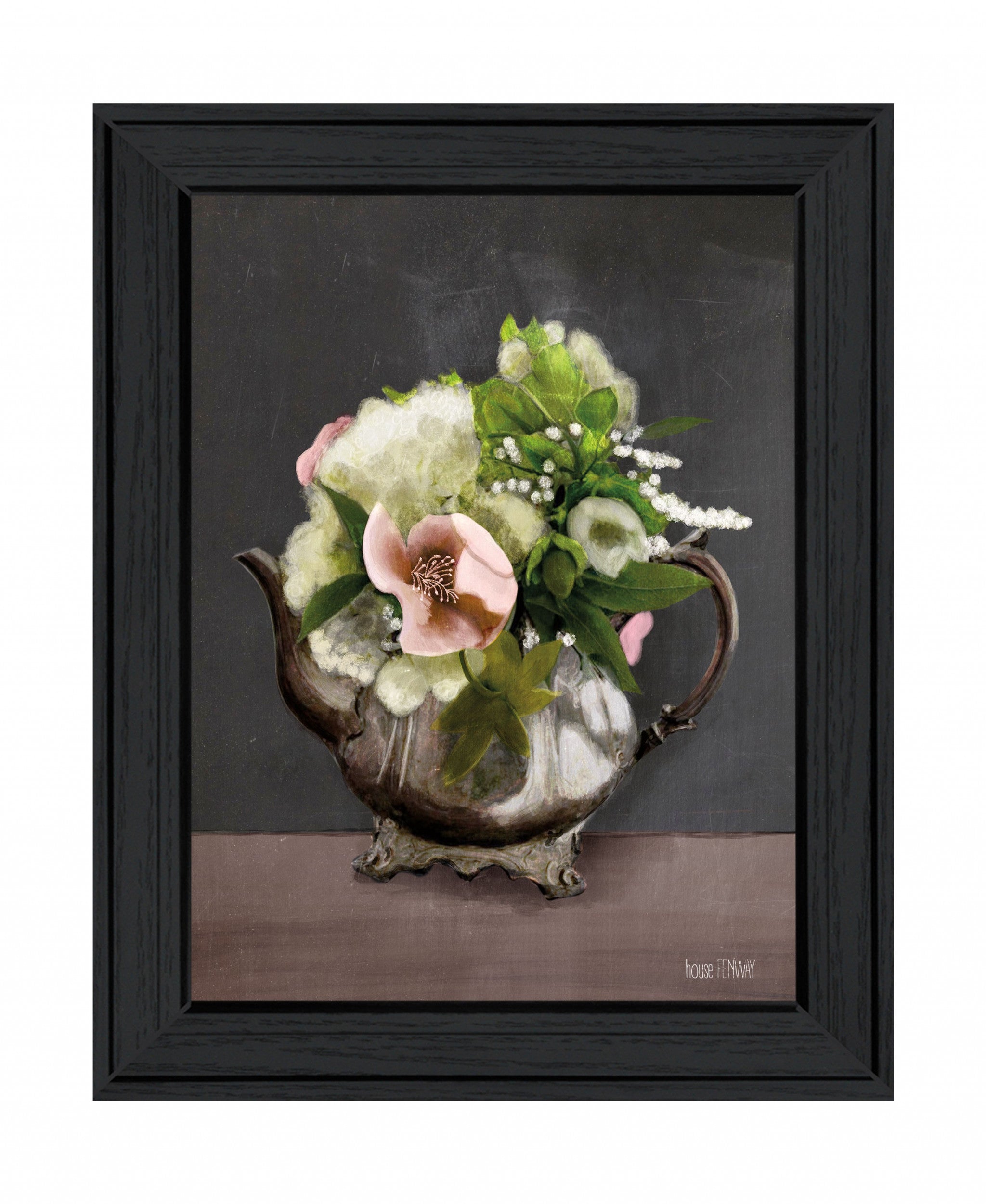 Vintage Floral Tea Pot 1 Black Framed Print Kitchen Wall Art