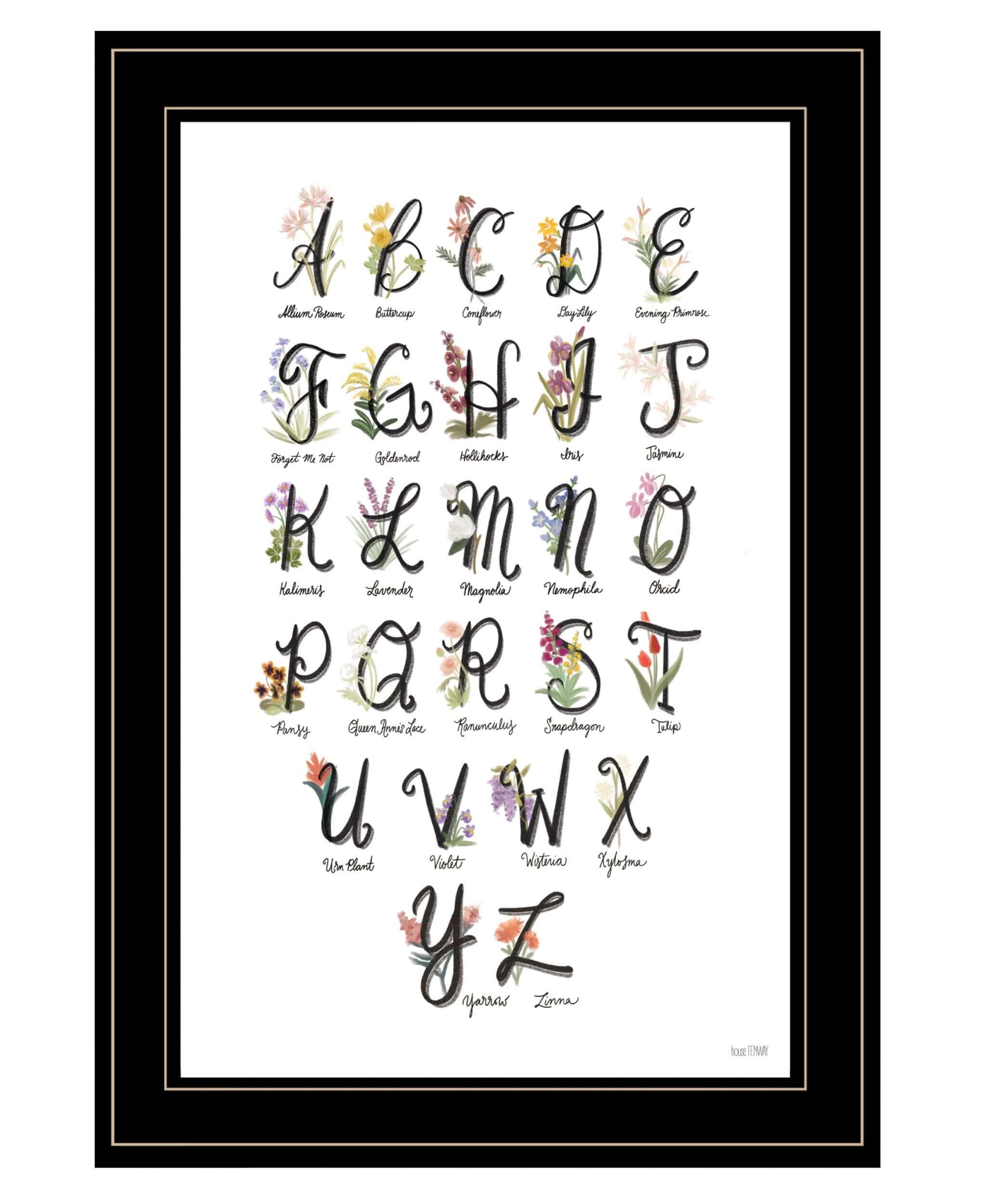 Flower Alphabet 2 Black Framed Print Wall Art