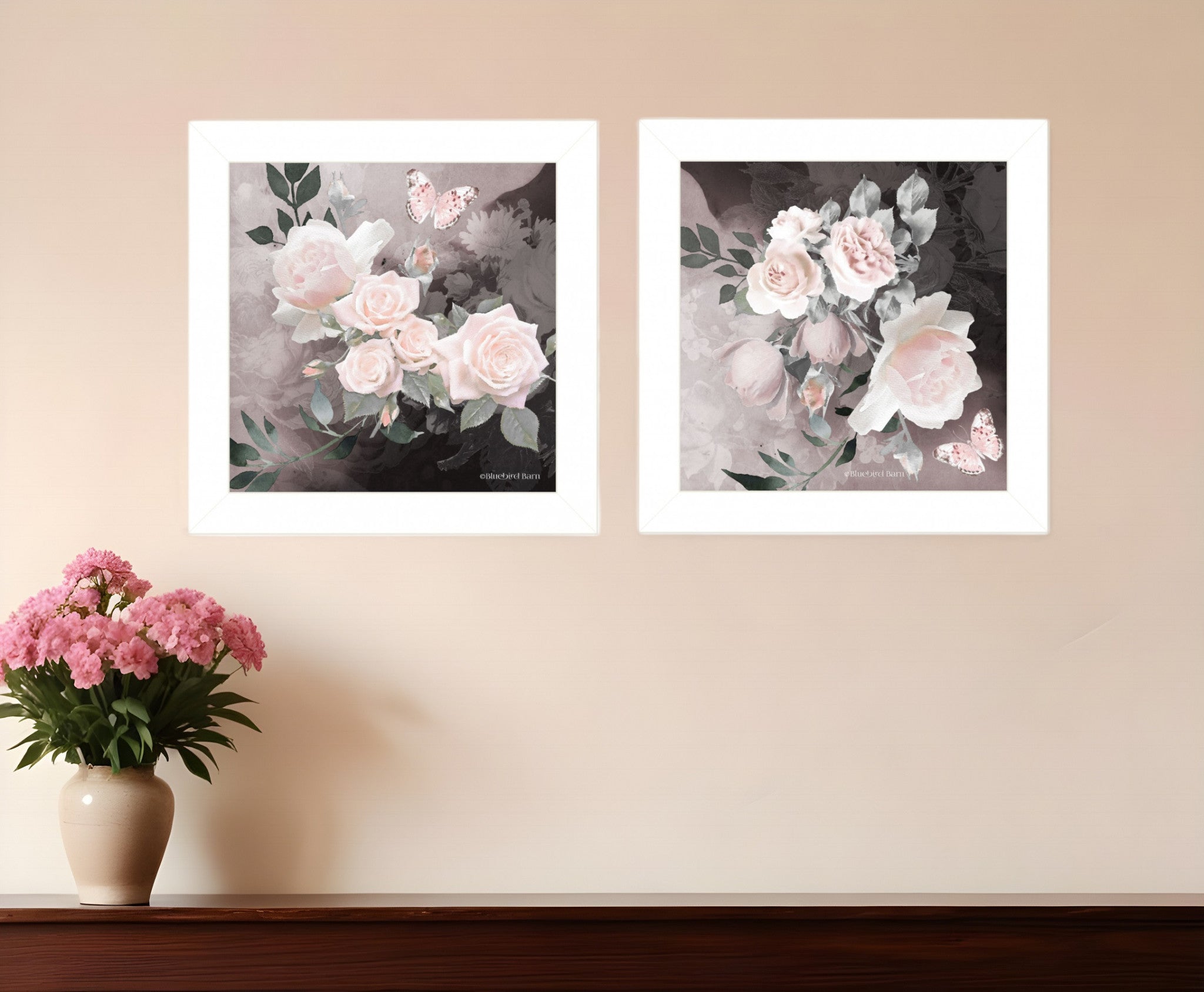 Set Of Two Noir Roses 5 White Framed Print Wall Art