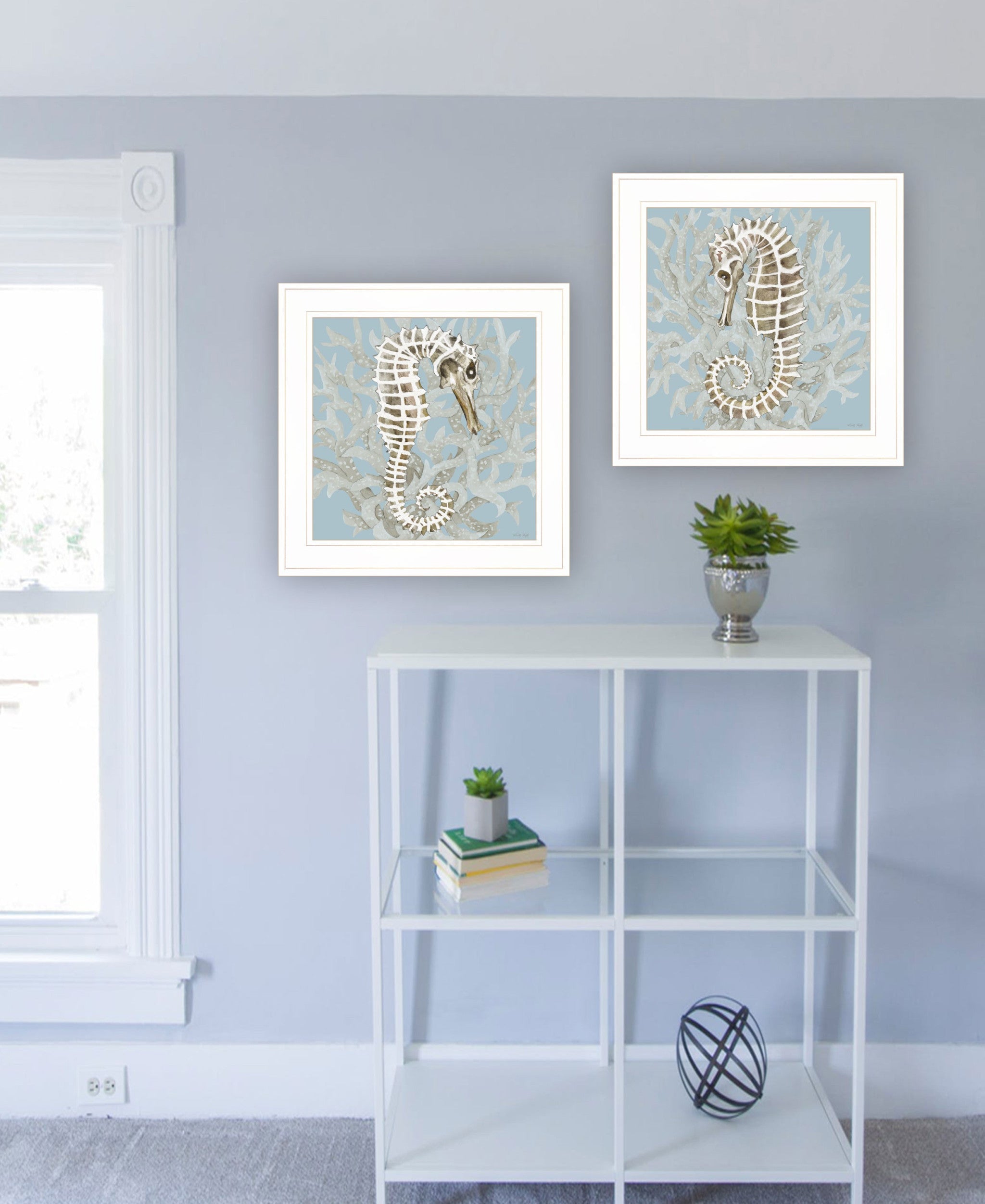 Set Of Two Coral Seahorse White Framed Print Wall Art