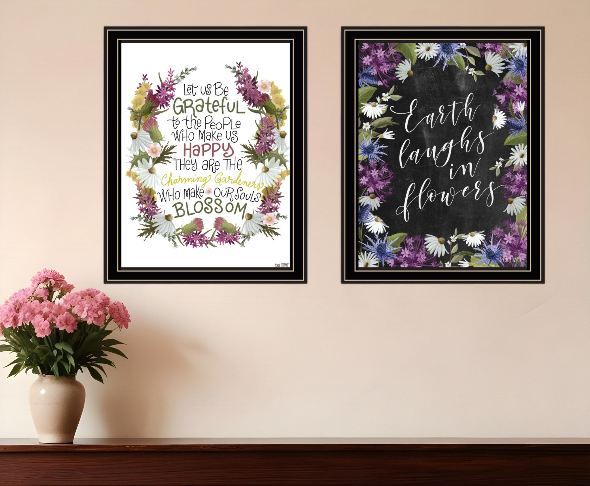 Set Of Two Flowers Make Us Laugh Black Framed Print Wall Art