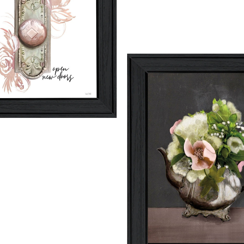 Set Of Two Vintage Floral Tea Pot and Door Knob Black Framed Print Kitchen Wall Art