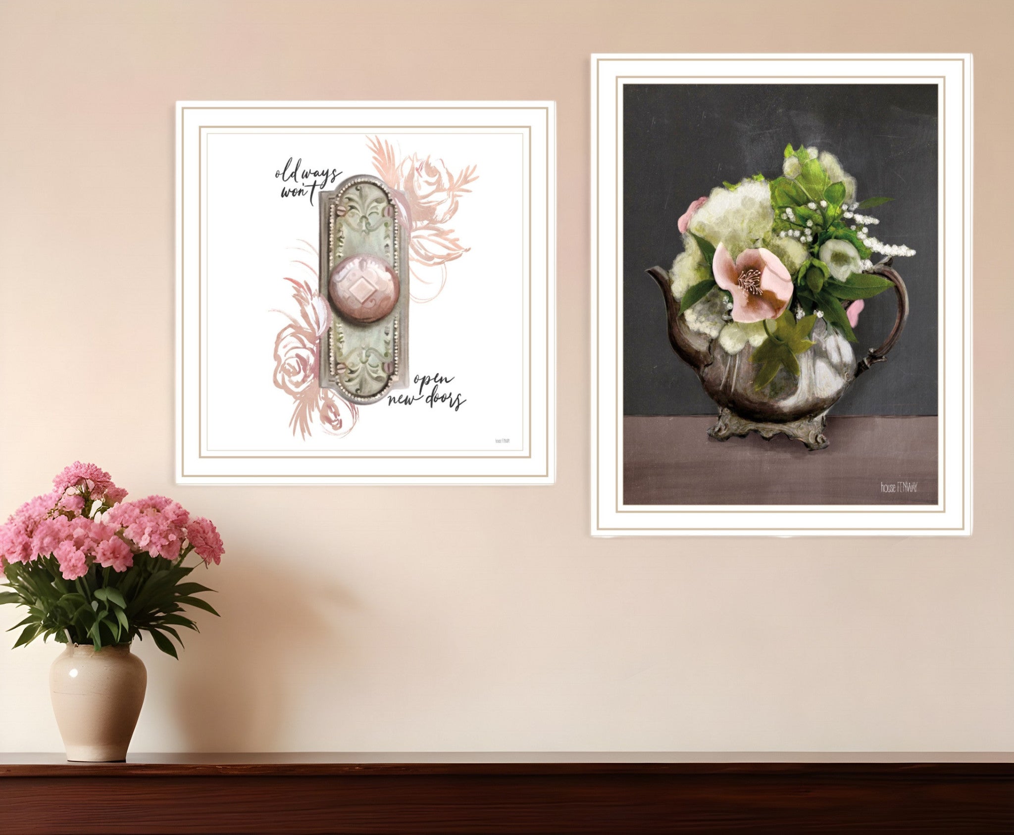 Set Of Two Vintage Floral Tea Pot and Door Knob Black Framed Print Kitchen Wall Art