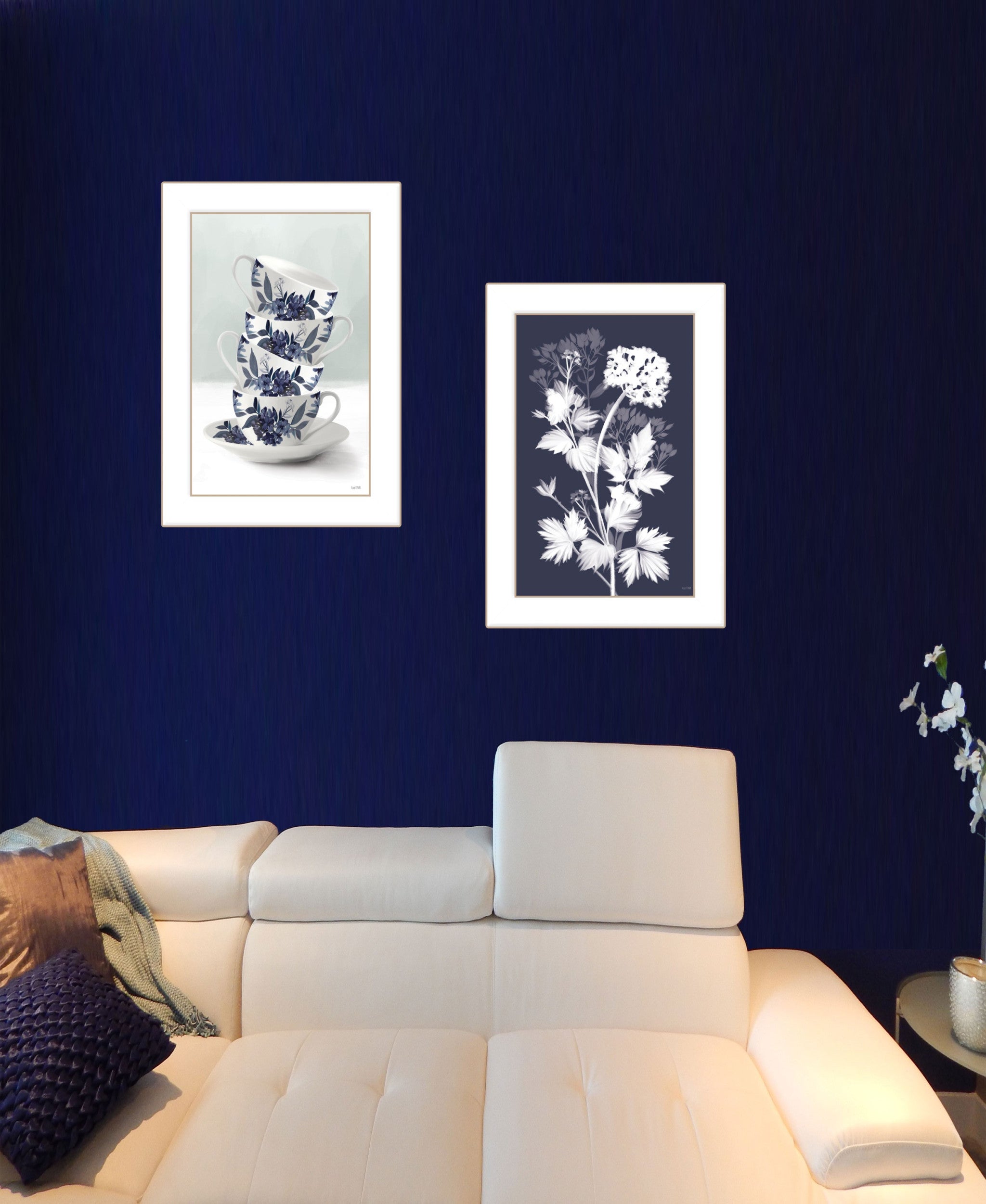 Set Of Two Tea Towers with Flowers Blue White Framed Print Kitchen Wall Art