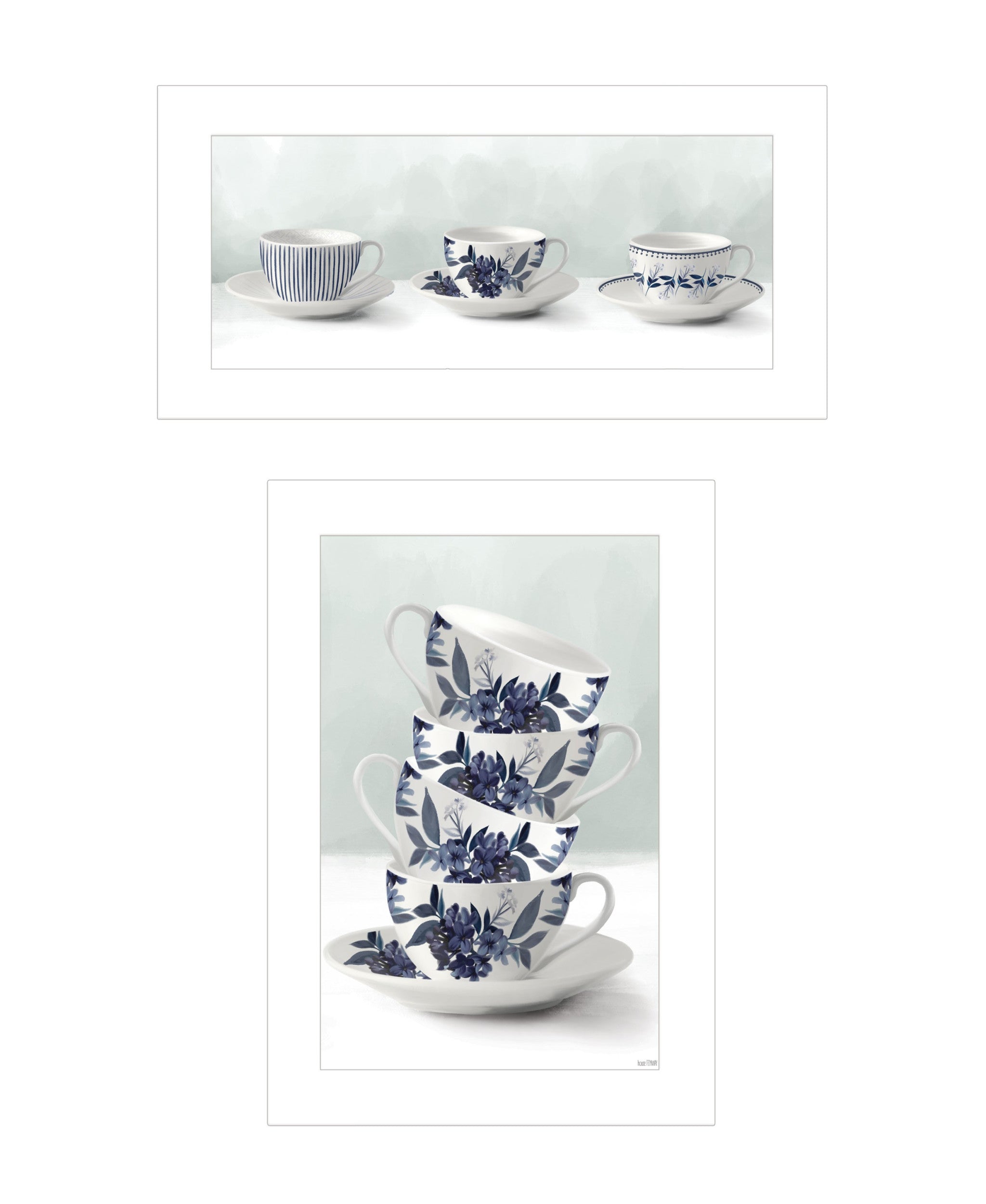 Set Of Two Tea tower with Cups and Sauces White Framed Print Kitchen Wall Art