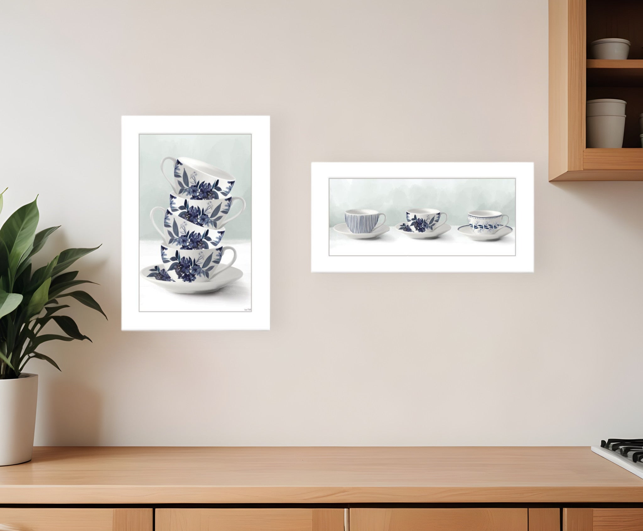 Set Of Two Tea tower with Cups and Sauces White Framed Print Kitchen Wall Art