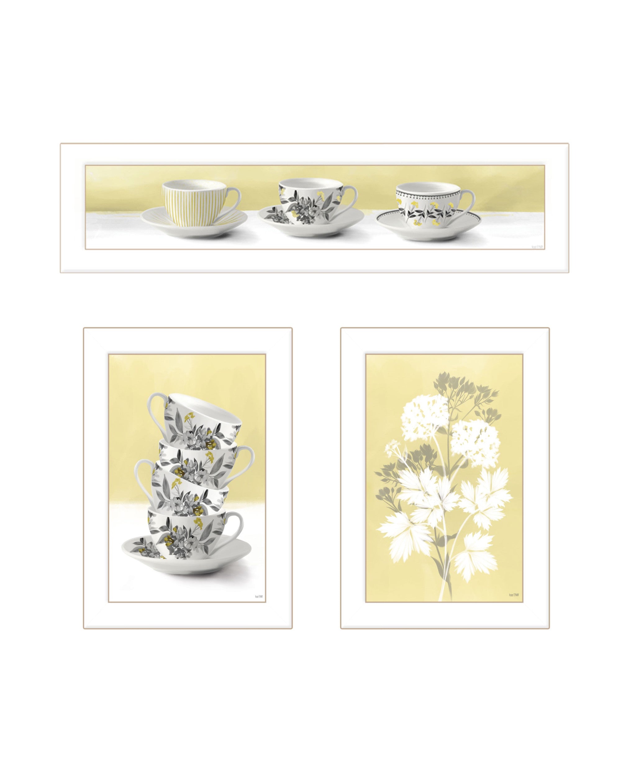 Set Of Three Tea Cups and Yellow Flowers White Framed Print Kitchen Wall Art