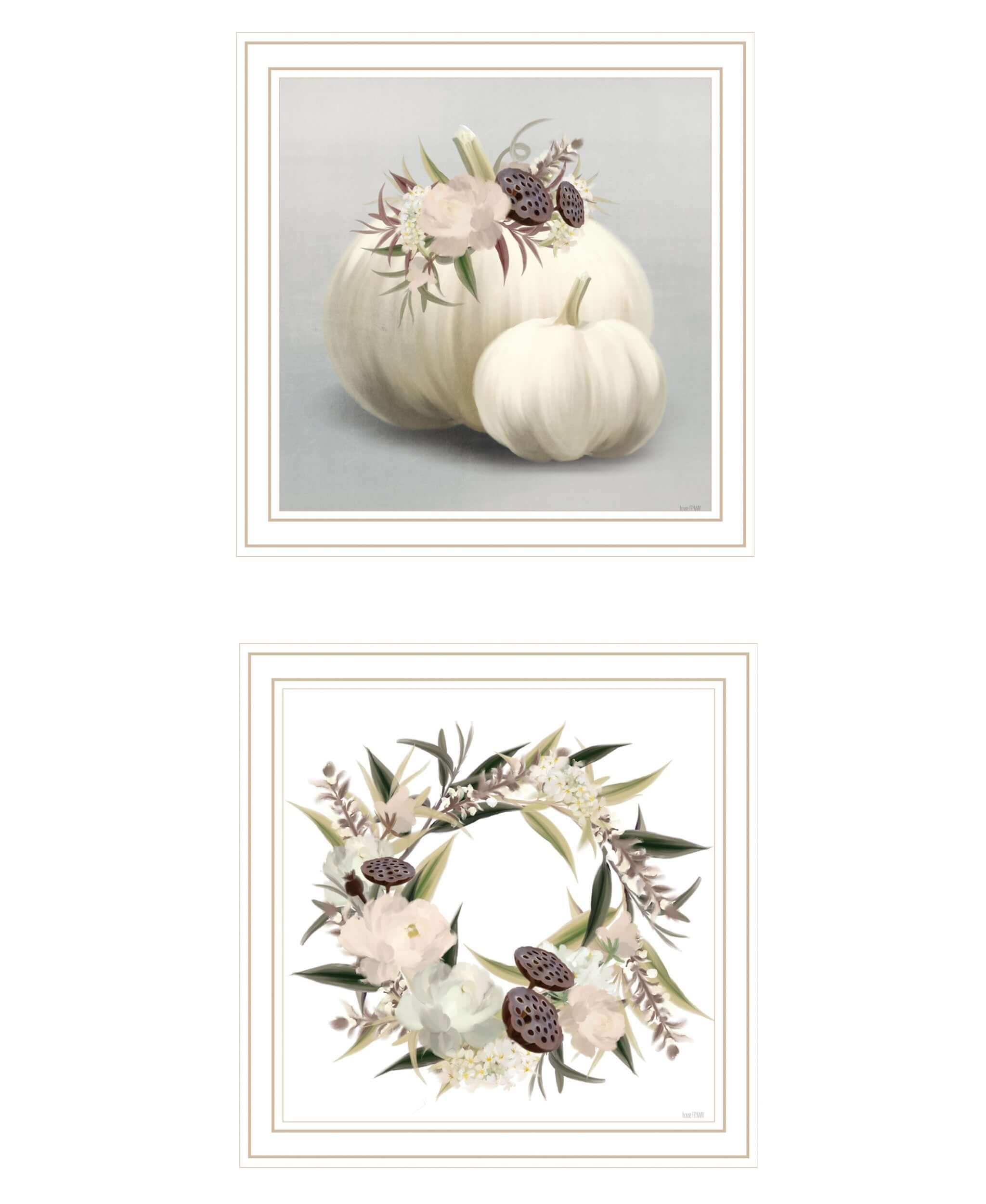 Set Of Two BOHO Pumpkins And Flowers 2 White Framed Print Wall Art