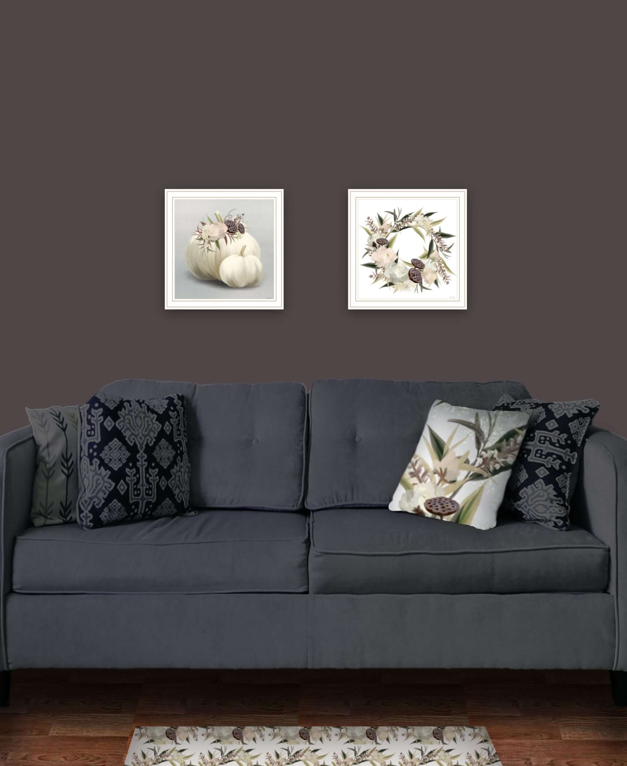 Set Of Two BOHO Pumpkins And Flowers 2 White Framed Print Wall Art