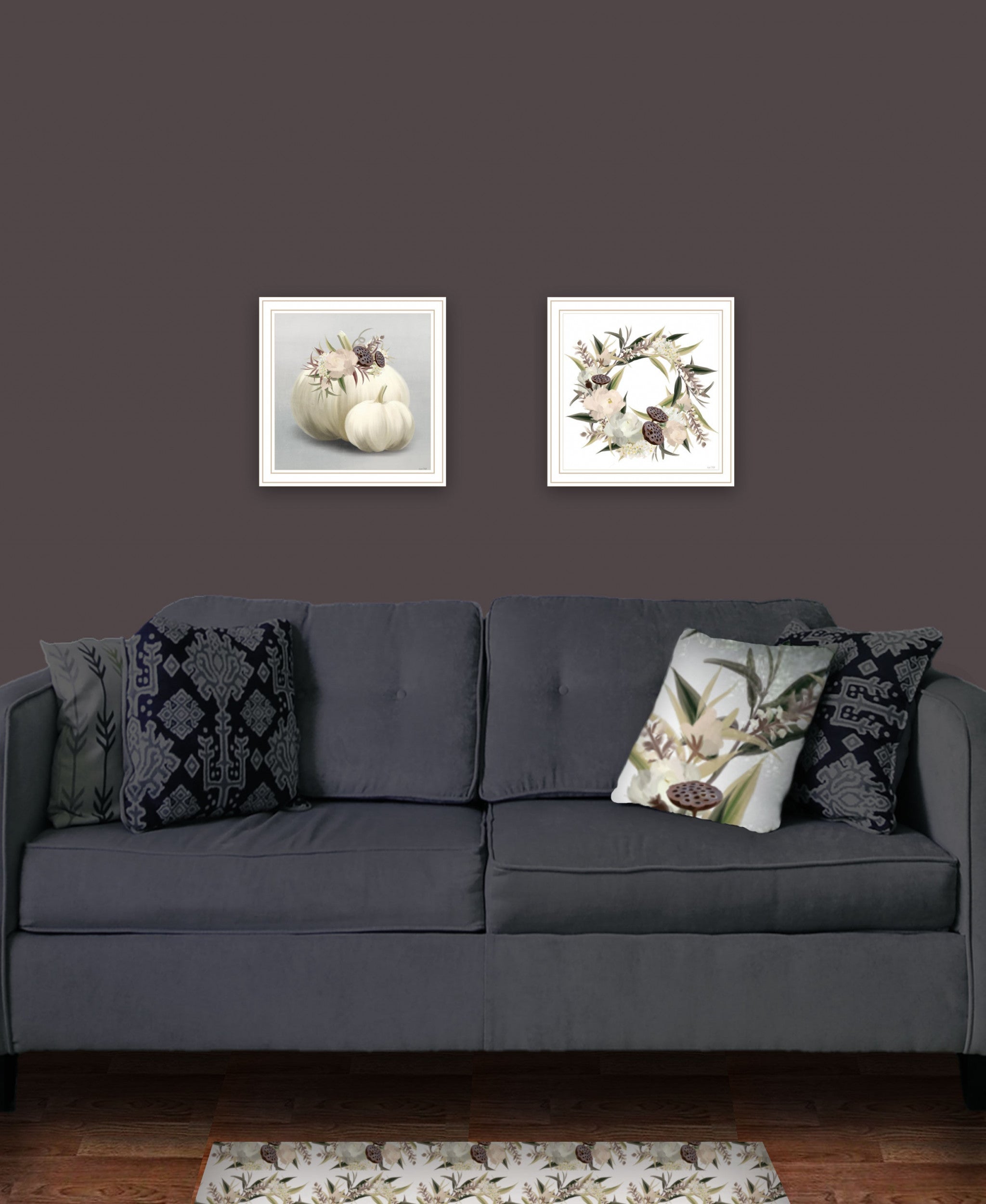 Set Of Two BOHO Pumpkins and Flowers 2 White Framed Print Wall Art