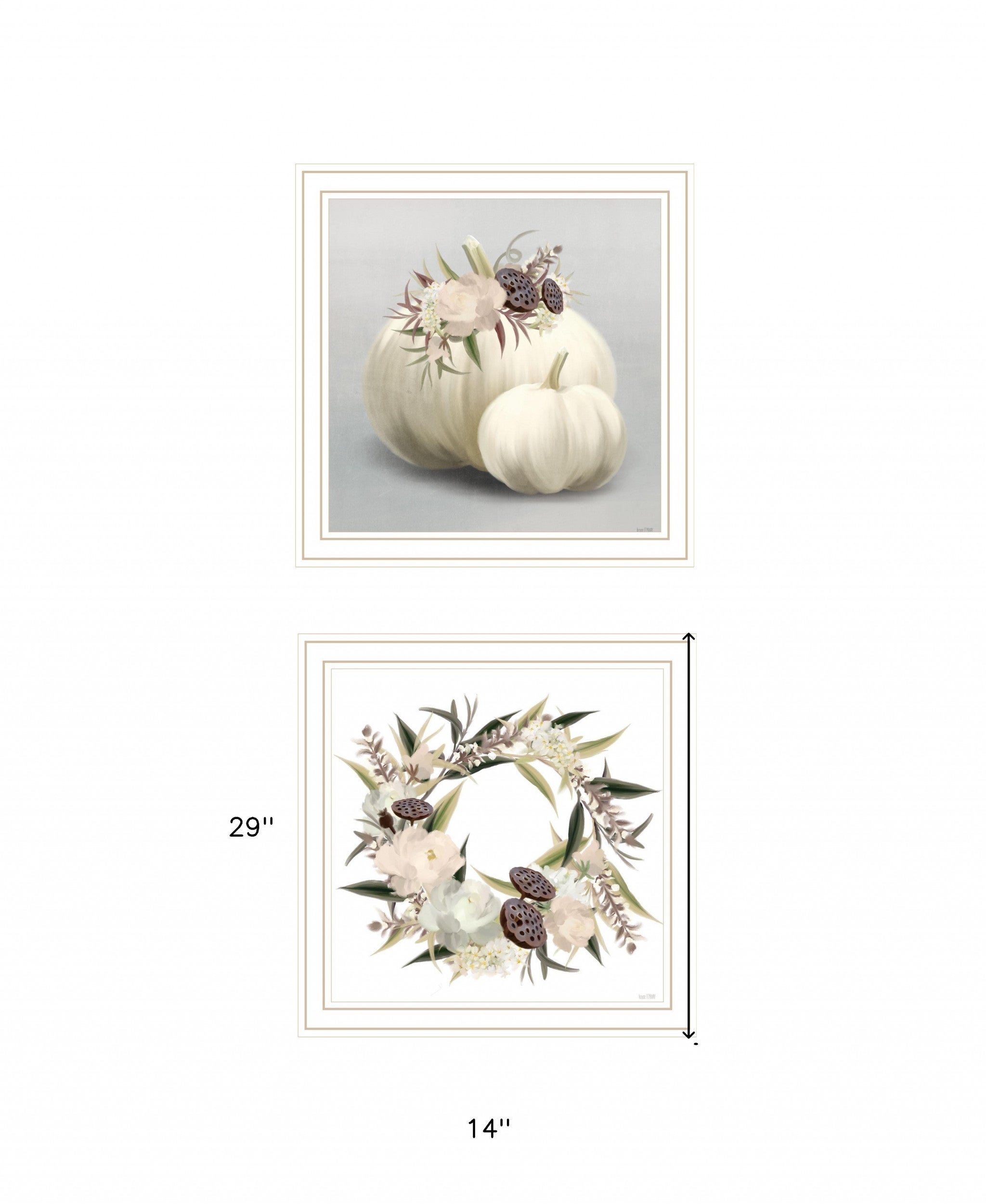 Set Of Two BOHO Pumpkins and Flowers 2 White Framed Print Wall Art