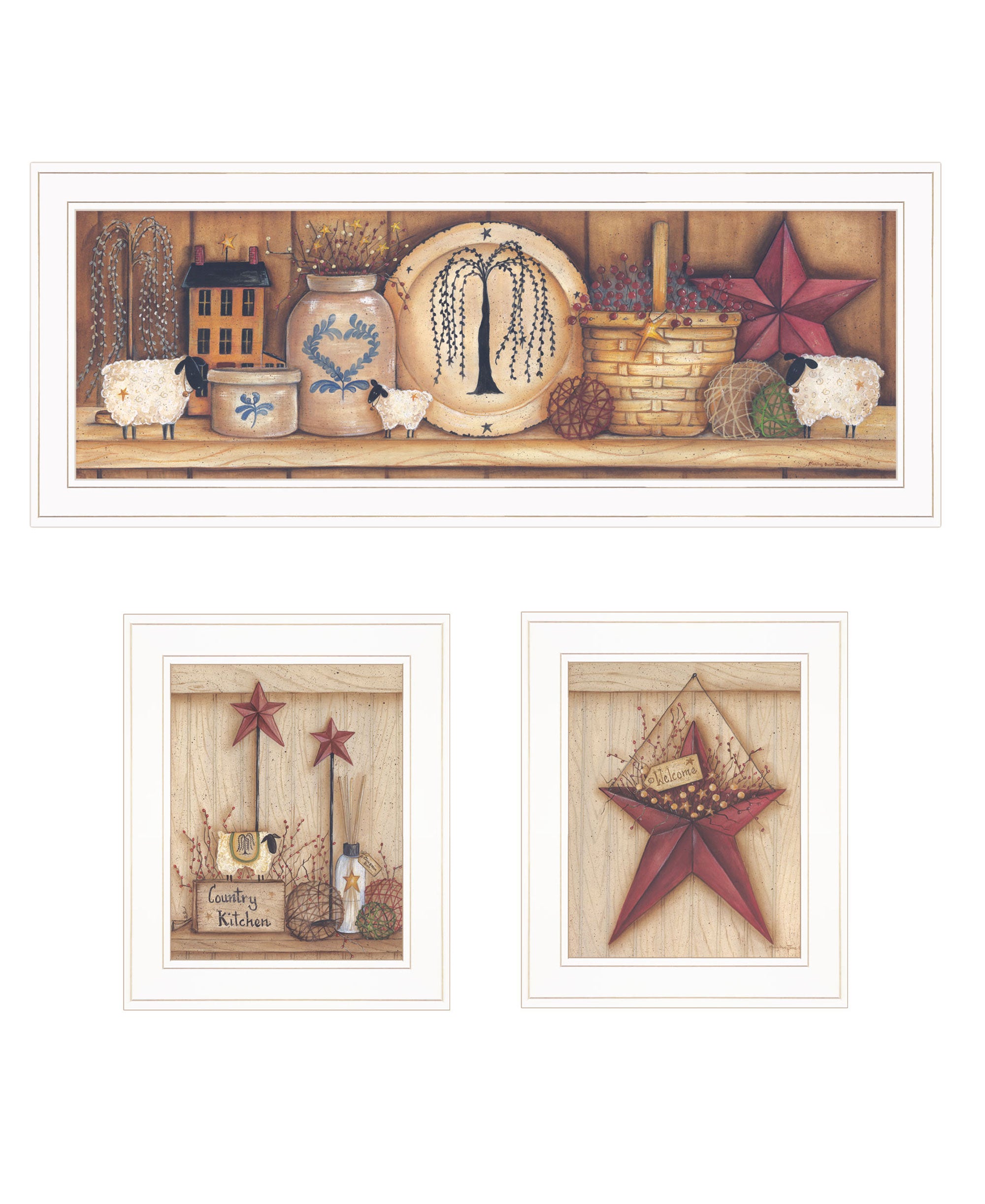 Set Of Three Country Shelf and Stars White Framed Print Wall Art